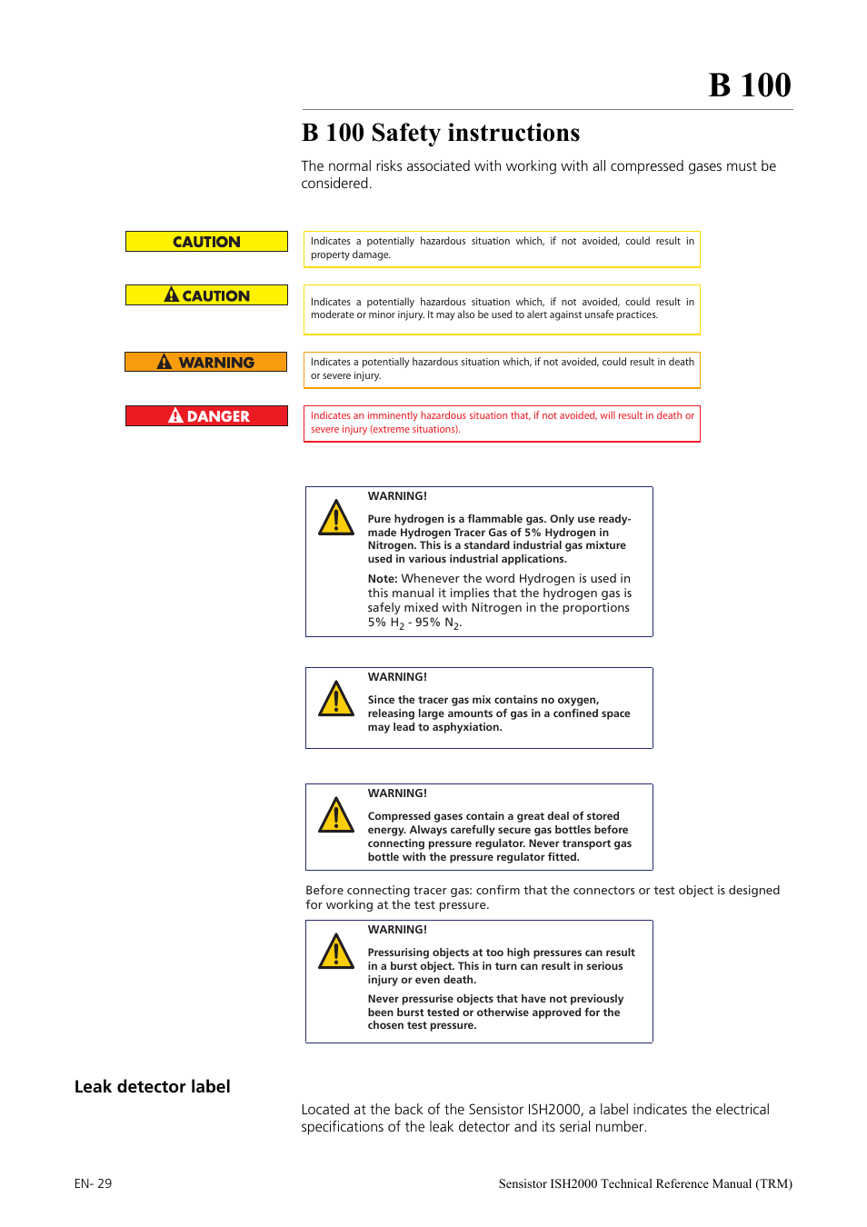 B 100 safety instructions, Leak detector label, B 100 | INFICON Sensistor ISH2000 Hydrogen Leak Detector User Manual | Page 29 / 108