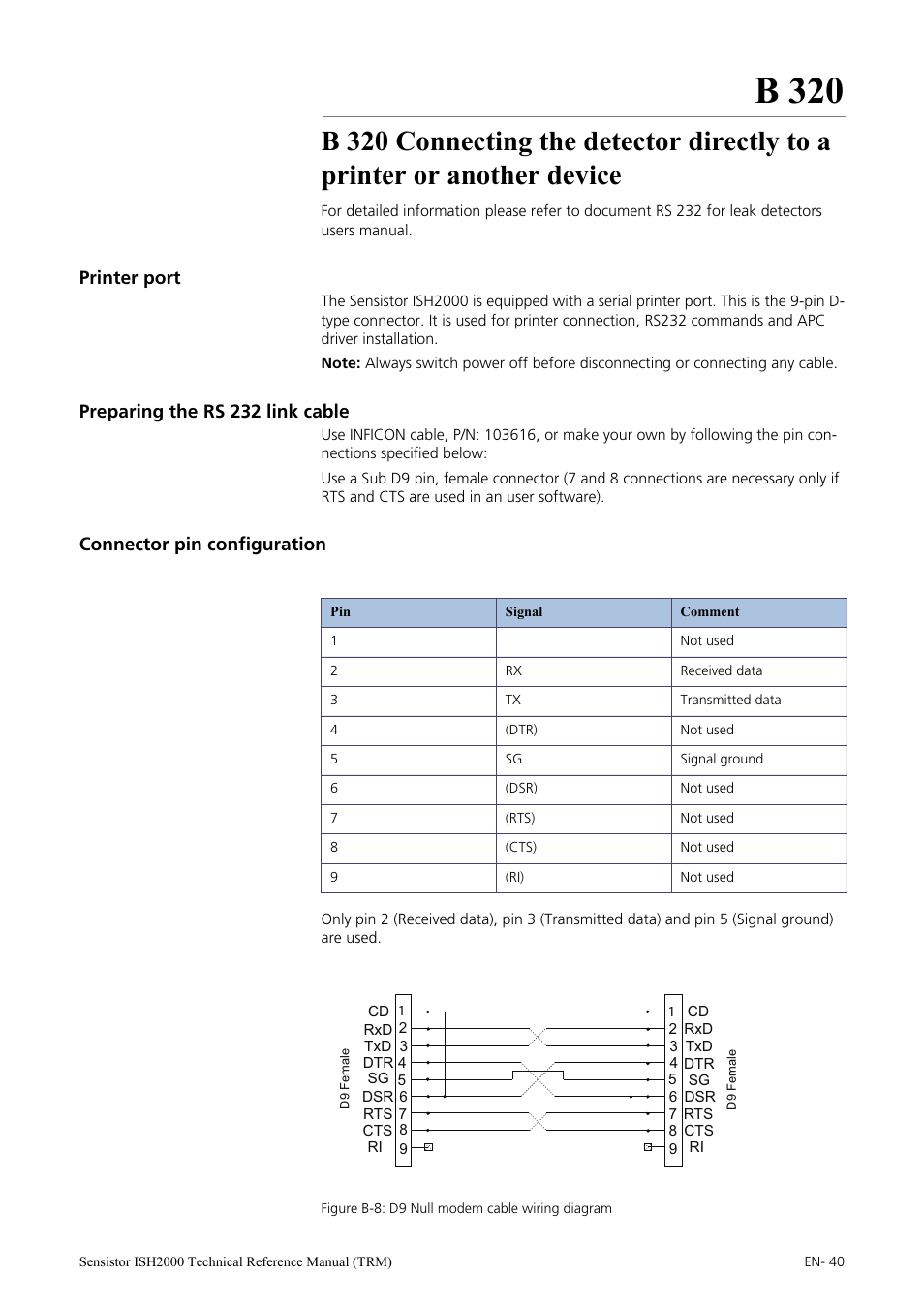 Printer port, Preparing the rs 232 link cable, Connector pin configuration | B 320 | INFICON Sensistor ISH2000 Hydrogen Leak Detector User Manual | Page 40 / 108