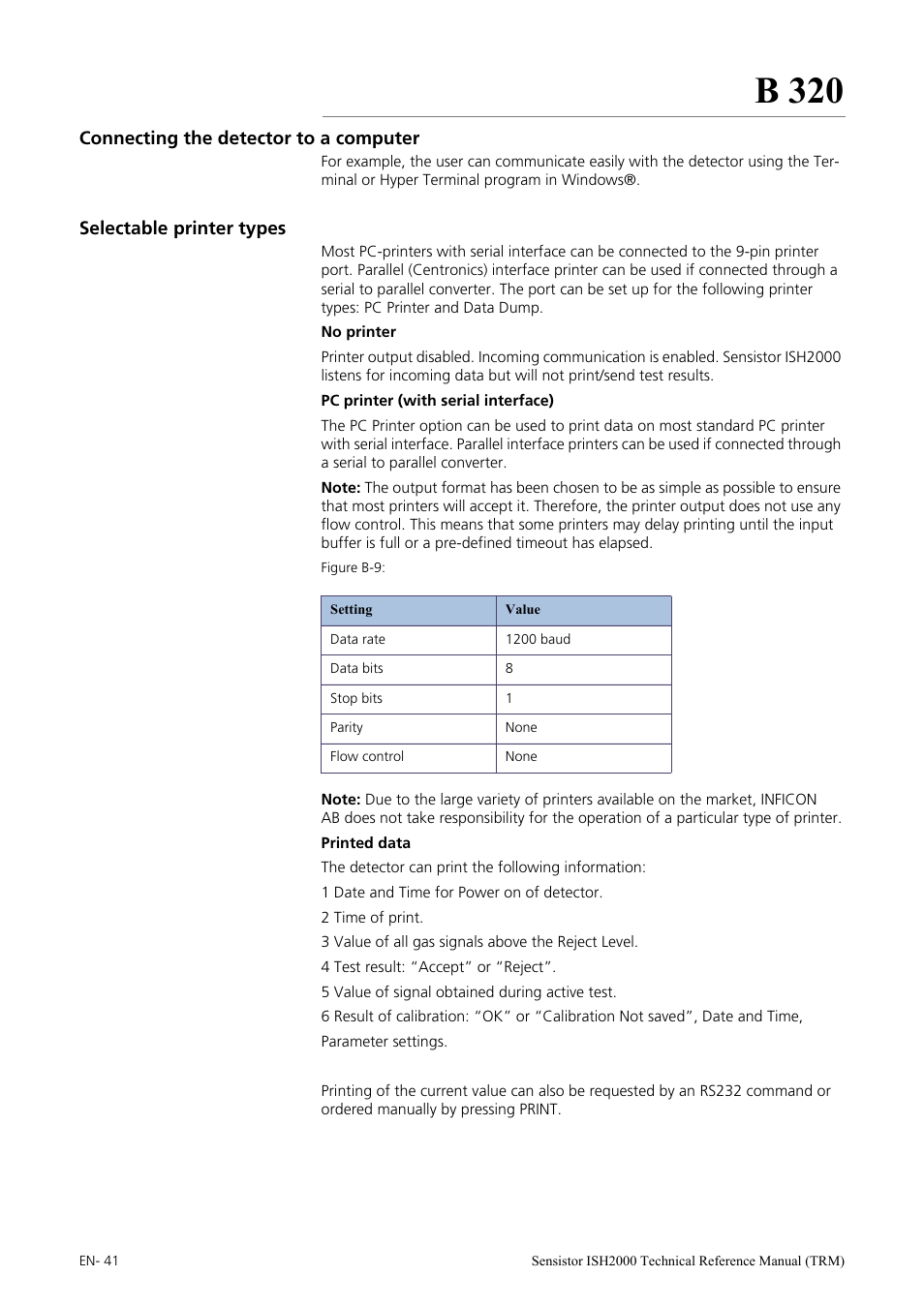 Connecting the detector to a computer, Selectable printer types, B 320 | INFICON Sensistor ISH2000 Hydrogen Leak Detector User Manual | Page 41 / 108