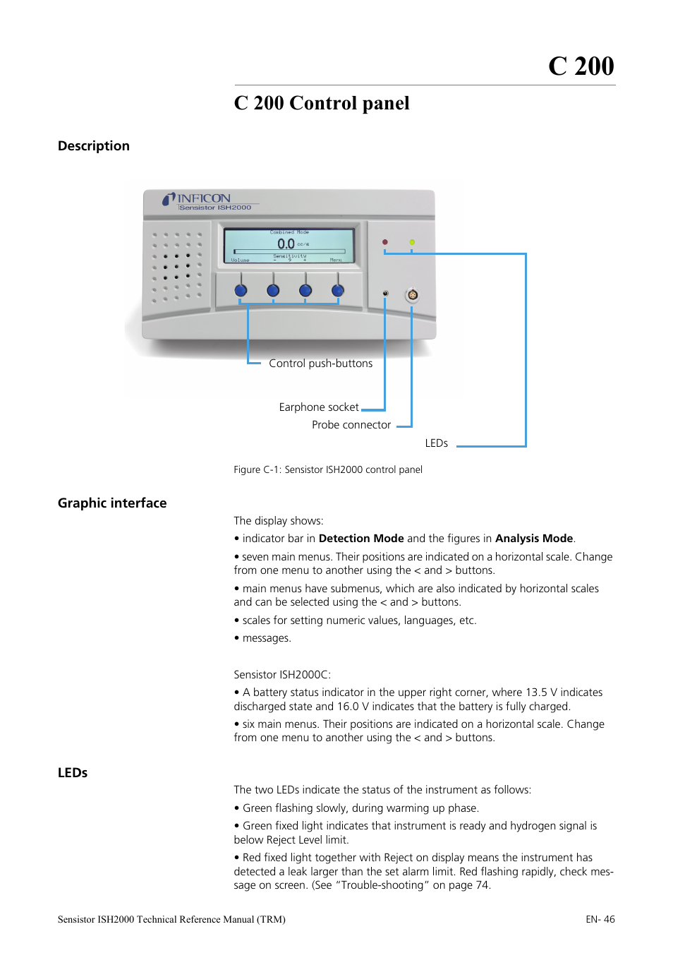 C 200 control panel, Description, Graphic interface | Leds, C 200 | INFICON Sensistor ISH2000 Hydrogen Leak Detector User Manual | Page 46 / 108