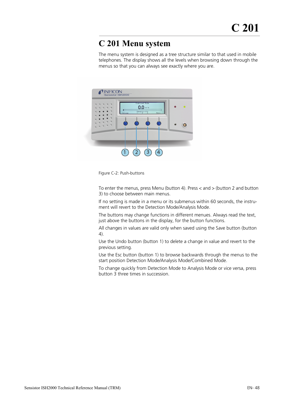 C 201 menu system, C 201 | INFICON Sensistor ISH2000 Hydrogen Leak Detector User Manual | Page 48 / 108