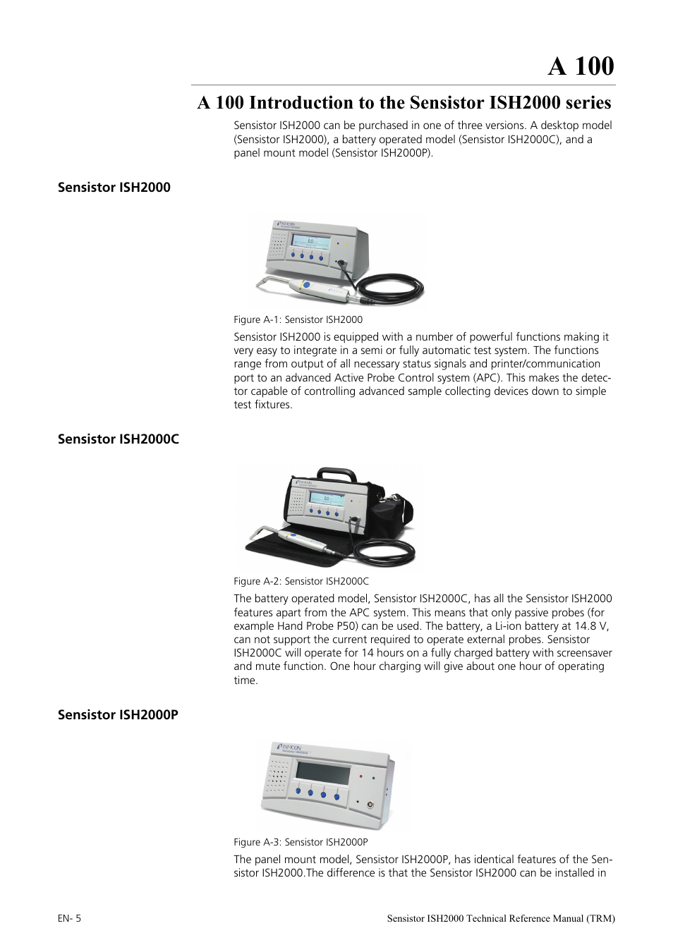 A 100 introduction to the sensistor ish2000 series, Sensistor ish2000, Sensistor ish2000c | Sensistor ish2000p, A 100 | INFICON Sensistor ISH2000 Hydrogen Leak Detector User Manual | Page 5 / 108