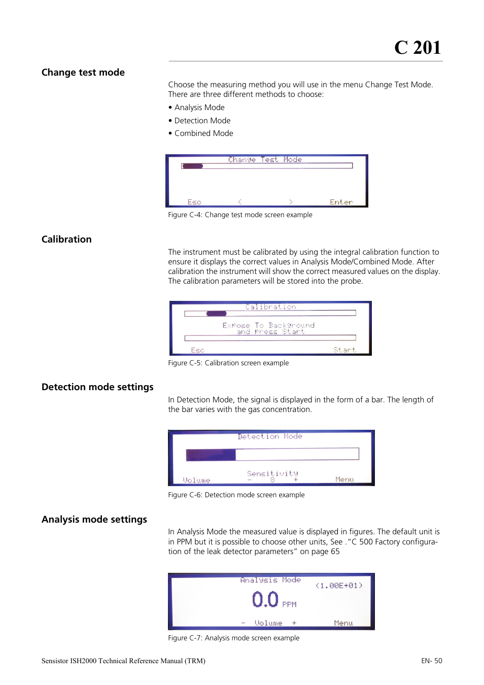 Change test mode, Calibration, Detection mode settings | Analysis mode settings, C 201 | INFICON Sensistor ISH2000 Hydrogen Leak Detector User Manual | Page 50 / 108