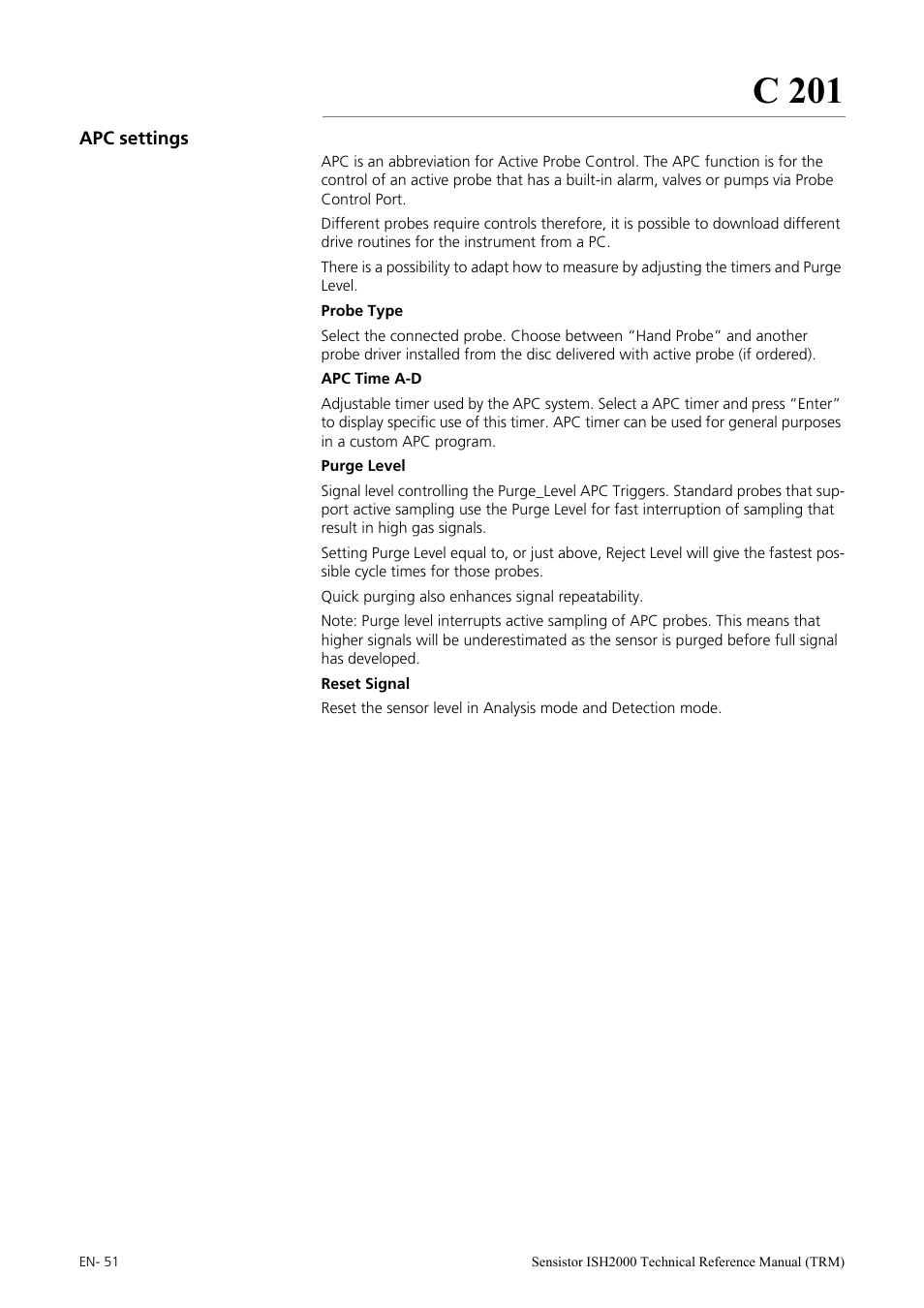 Apc settings, C 201 | INFICON Sensistor ISH2000 Hydrogen Leak Detector User Manual | Page 51 / 108