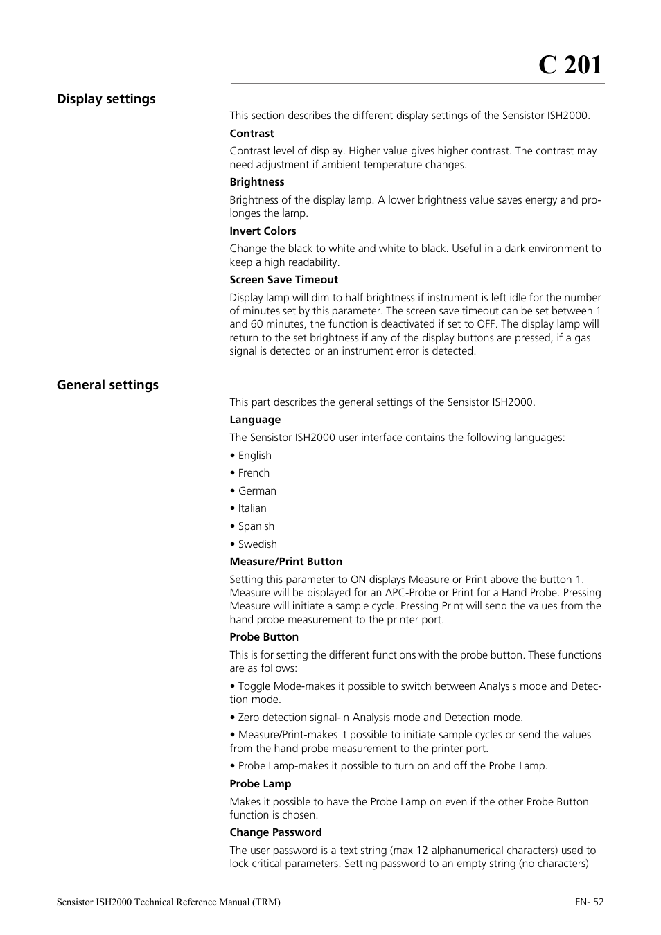 Display settings, General settings, C 201 | INFICON Sensistor ISH2000 Hydrogen Leak Detector User Manual | Page 52 / 108