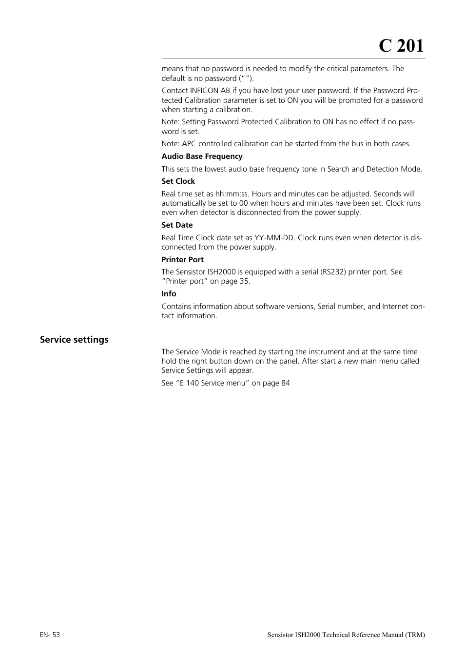Service settings, C 201 | INFICON Sensistor ISH2000 Hydrogen Leak Detector User Manual | Page 53 / 108