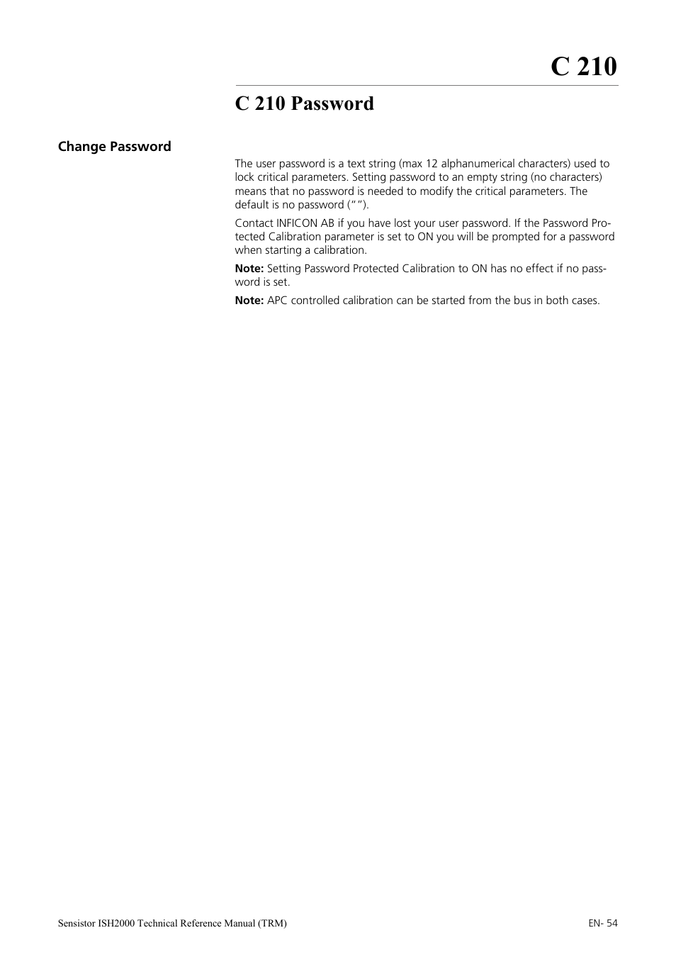 C 210 password, Change password, C 210 | INFICON Sensistor ISH2000 Hydrogen Leak Detector User Manual | Page 54 / 108
