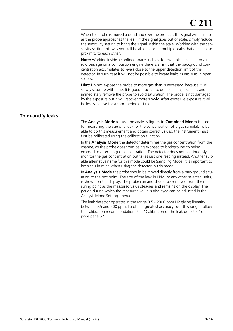 To quantify leaks, C 211 | INFICON Sensistor ISH2000 Hydrogen Leak Detector User Manual | Page 56 / 108