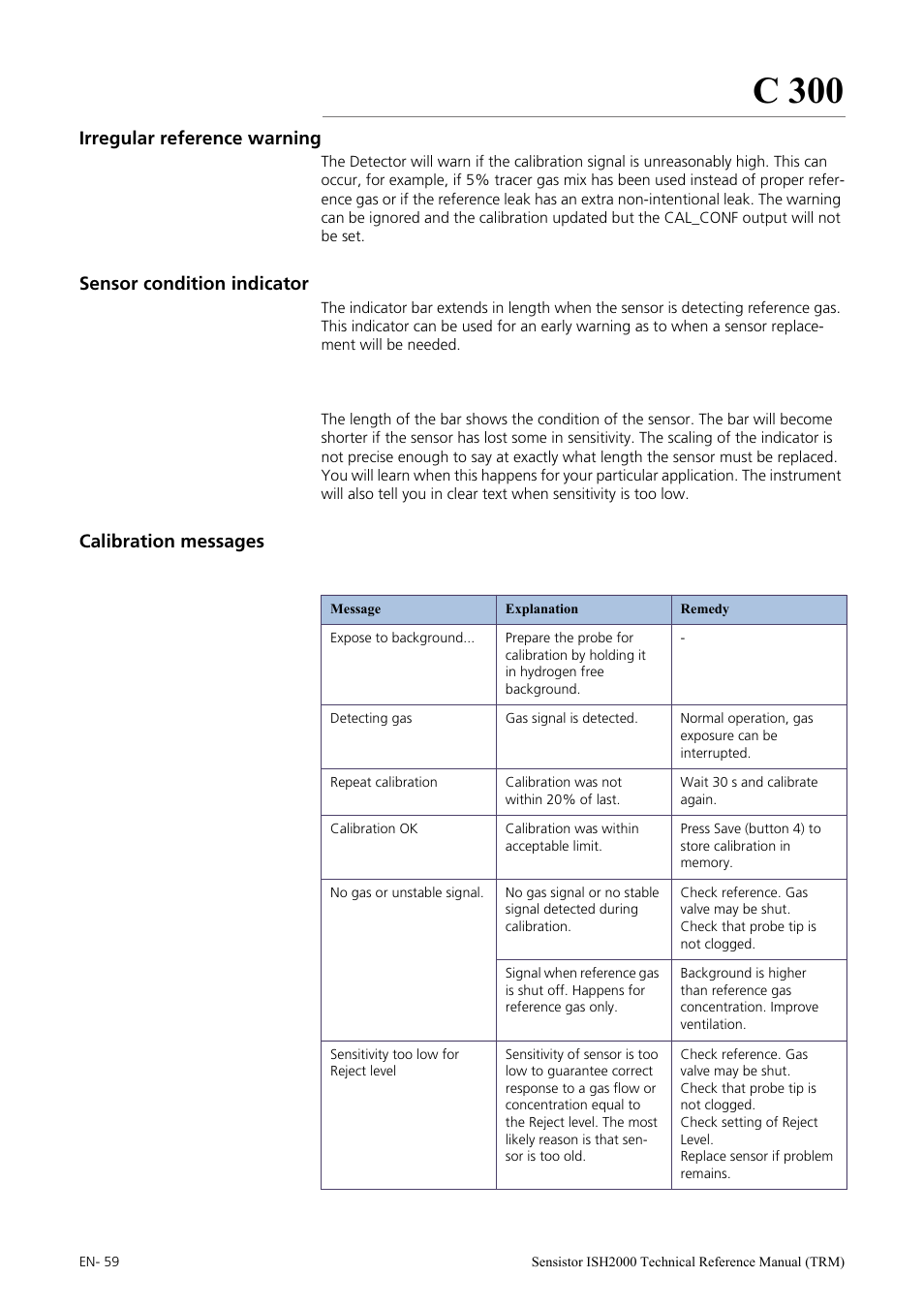 Irregular reference warning, Sensor condition indicator, Calibration messages | C 300 | INFICON Sensistor ISH2000 Hydrogen Leak Detector User Manual | Page 59 / 108