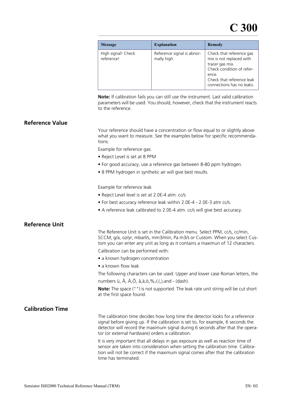 Reference value, Reference unit, Calibration time | C 300 | INFICON Sensistor ISH2000 Hydrogen Leak Detector User Manual | Page 60 / 108