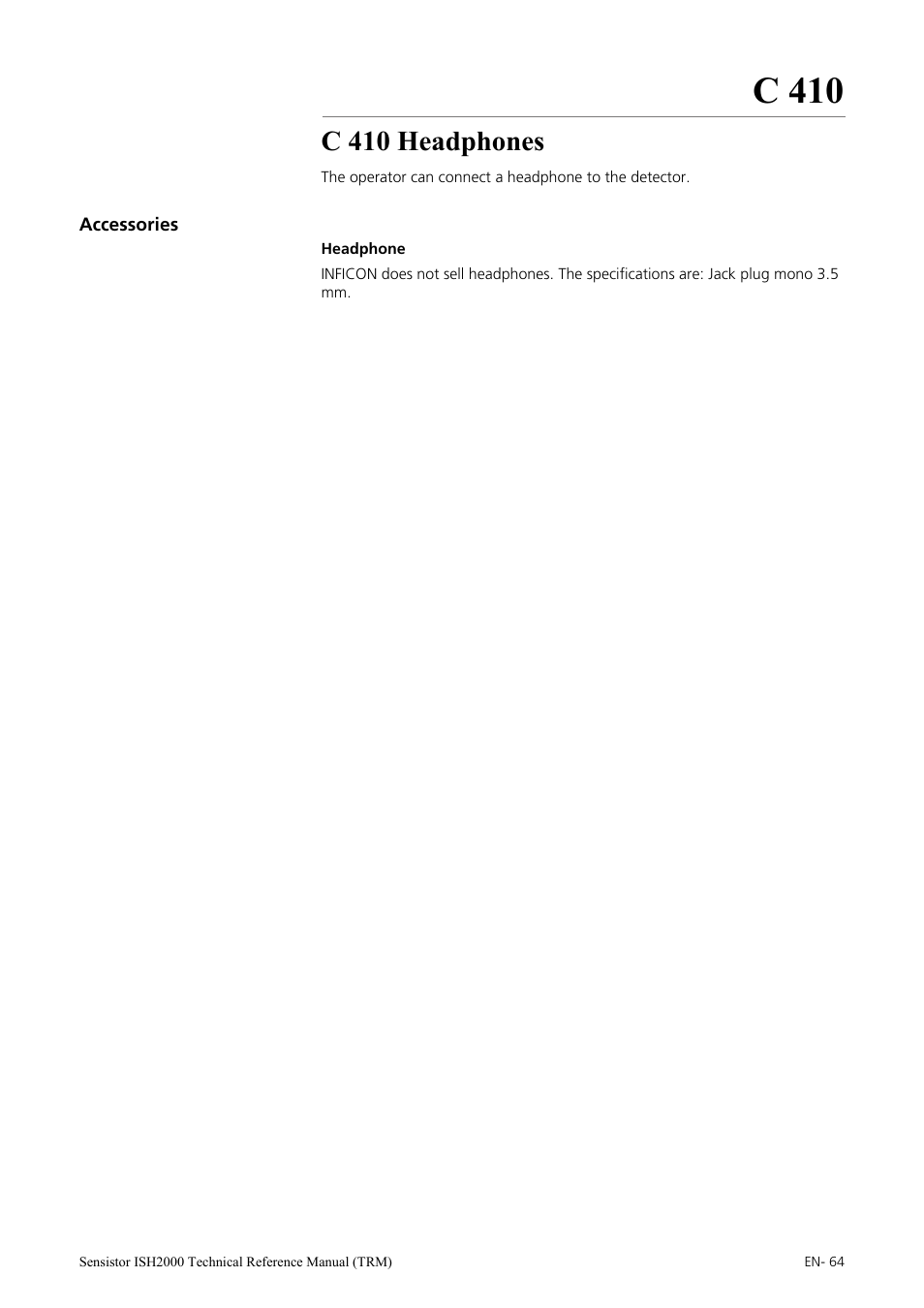 C 410 headphones, Accessories, C 410 | INFICON Sensistor ISH2000 Hydrogen Leak Detector User Manual | Page 64 / 108