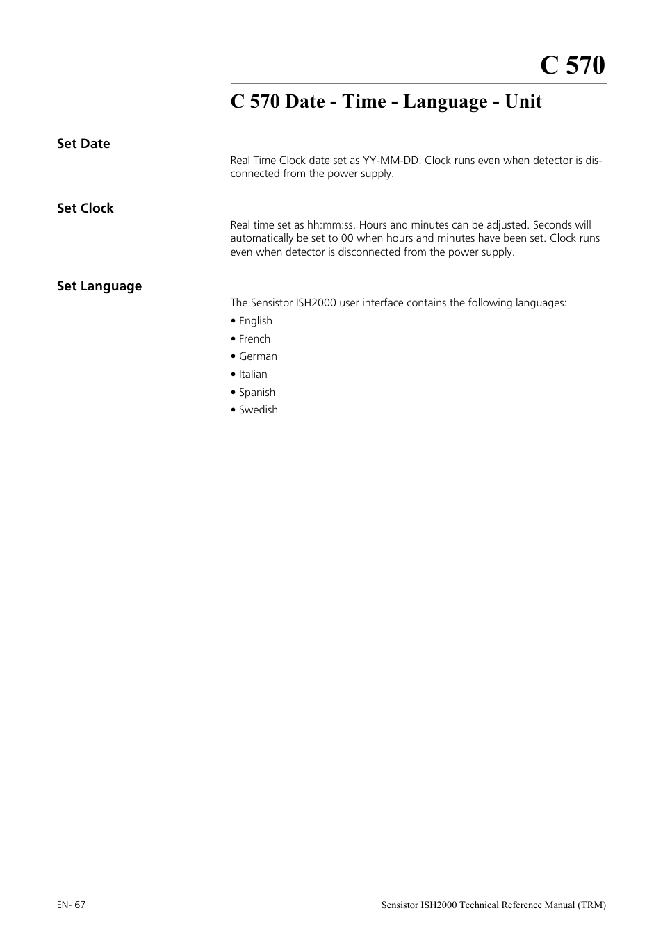 C 570 date - time - language - unit, Set date, Set clock | Set language, C 570 | INFICON Sensistor ISH2000 Hydrogen Leak Detector User Manual | Page 67 / 108