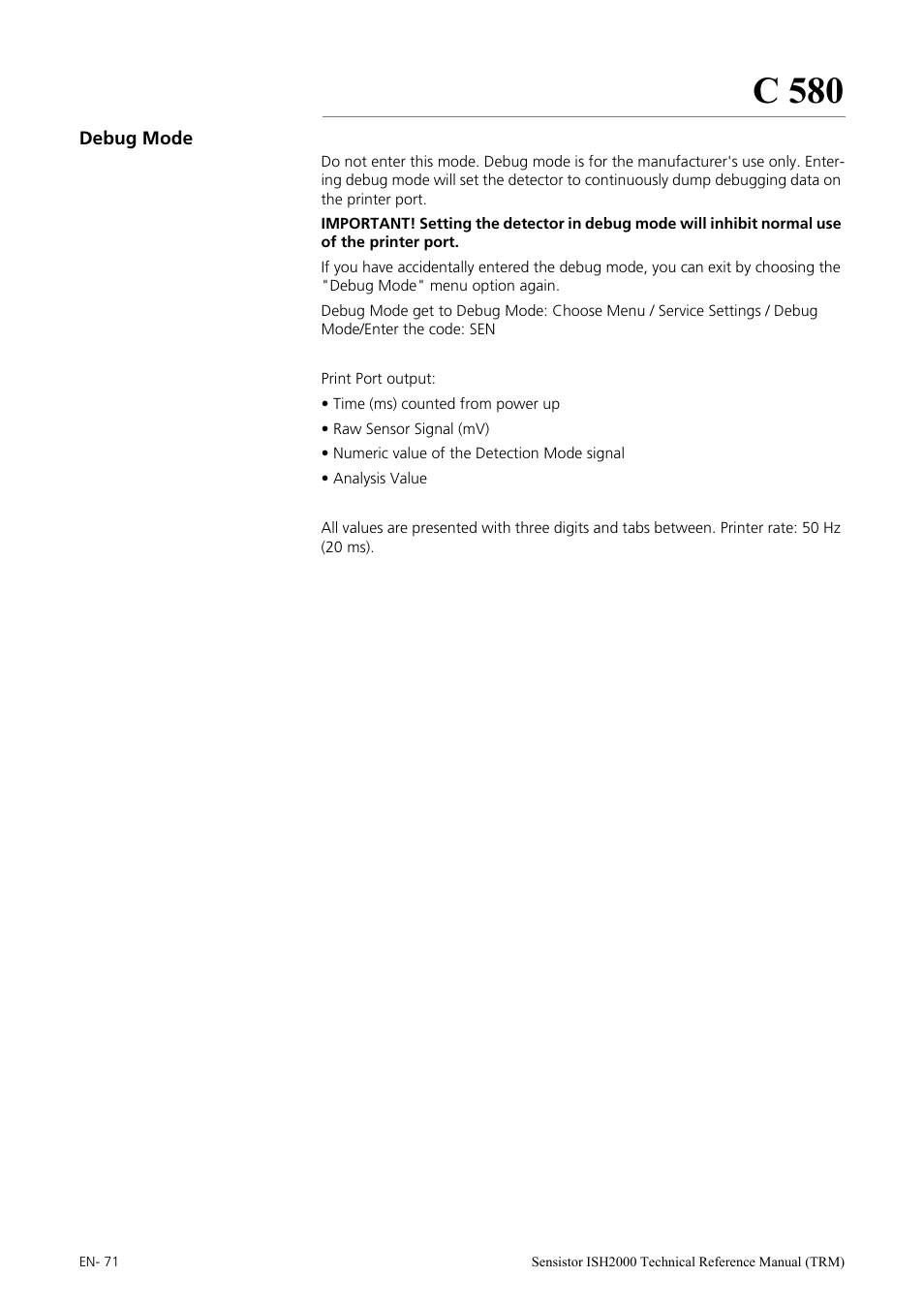 Debug mode, C 580 | INFICON Sensistor ISH2000 Hydrogen Leak Detector User Manual | Page 71 / 108