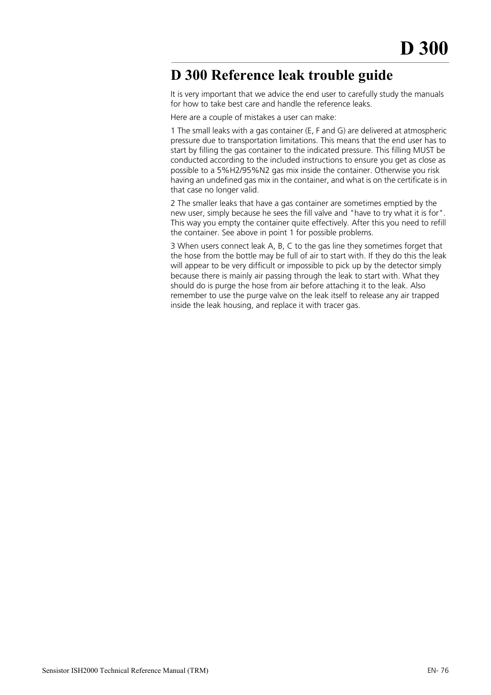 D 300 reference leak trouble guide, D 300 | INFICON Sensistor ISH2000 Hydrogen Leak Detector User Manual | Page 76 / 108