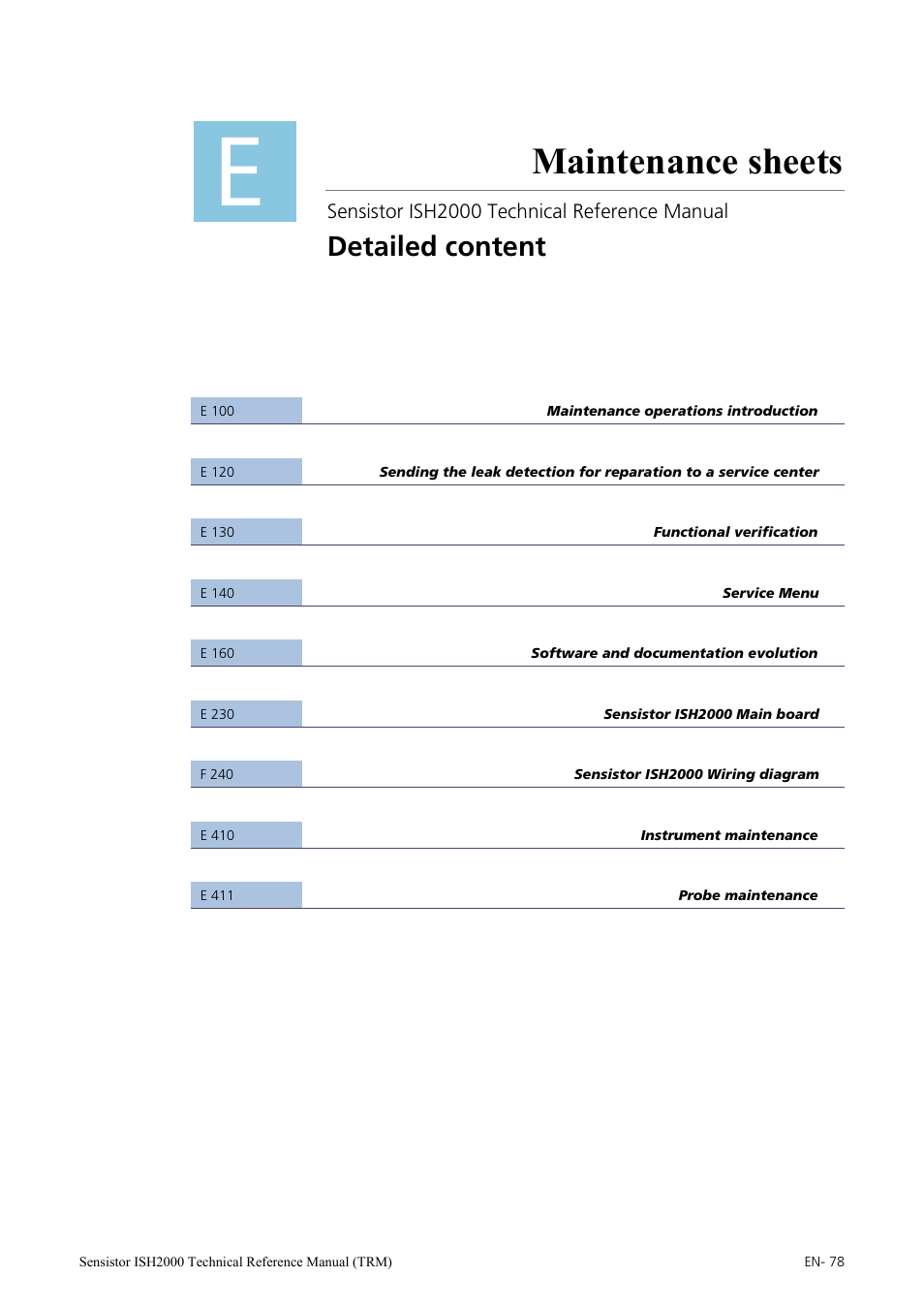 Maintenance sheets, Detailed content | INFICON Sensistor ISH2000 Hydrogen Leak Detector User Manual | Page 78 / 108