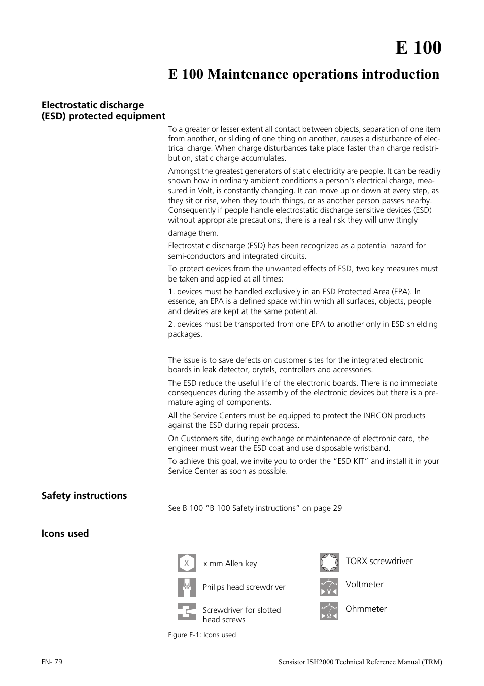 E 100 maintenance operations introduction, Electrostatic discharge (esd) protected equipment, Safety instructions | Icons used, E 100 | INFICON Sensistor ISH2000 Hydrogen Leak Detector User Manual | Page 79 / 108