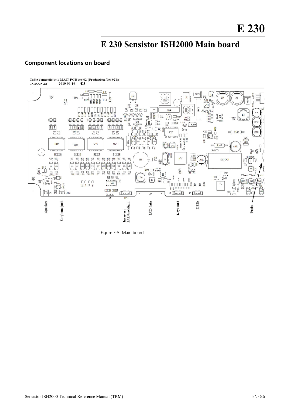 E 230 sensistor ish2000 main board, Component locations on board, E 230 | INFICON Sensistor ISH2000 Hydrogen Leak Detector User Manual | Page 86 / 108