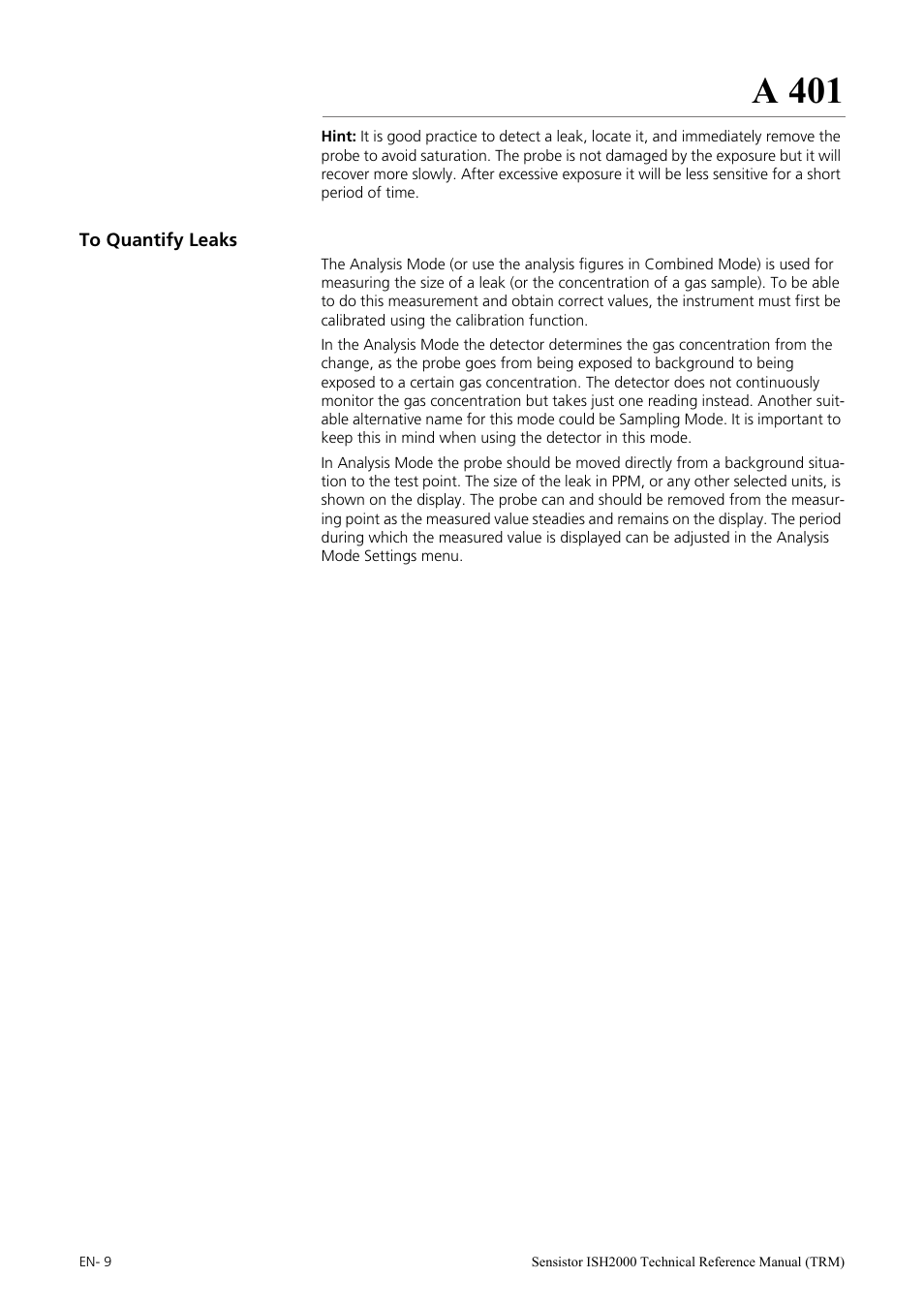 To quantify leaks, A 401 | INFICON Sensistor ISH2000 Hydrogen Leak Detector User Manual | Page 9 / 108