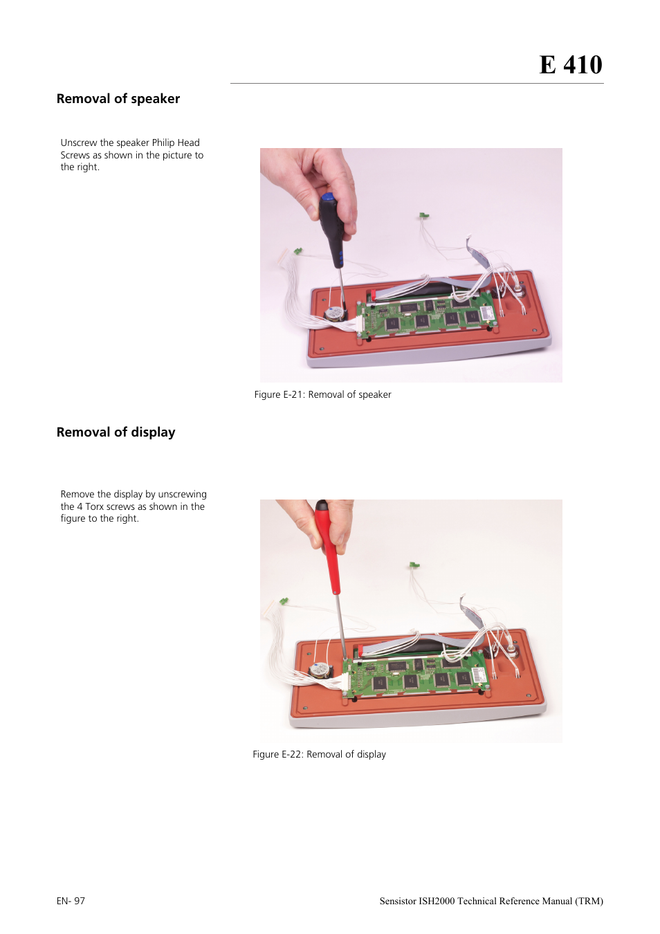 Removal of speaker, Removal of display, E 410 | INFICON Sensistor ISH2000 Hydrogen Leak Detector User Manual | Page 97 / 108