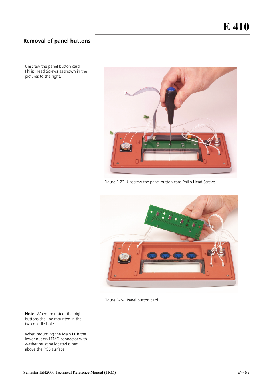Removal of panel buttons, E 410 | INFICON Sensistor ISH2000 Hydrogen Leak Detector User Manual | Page 98 / 108