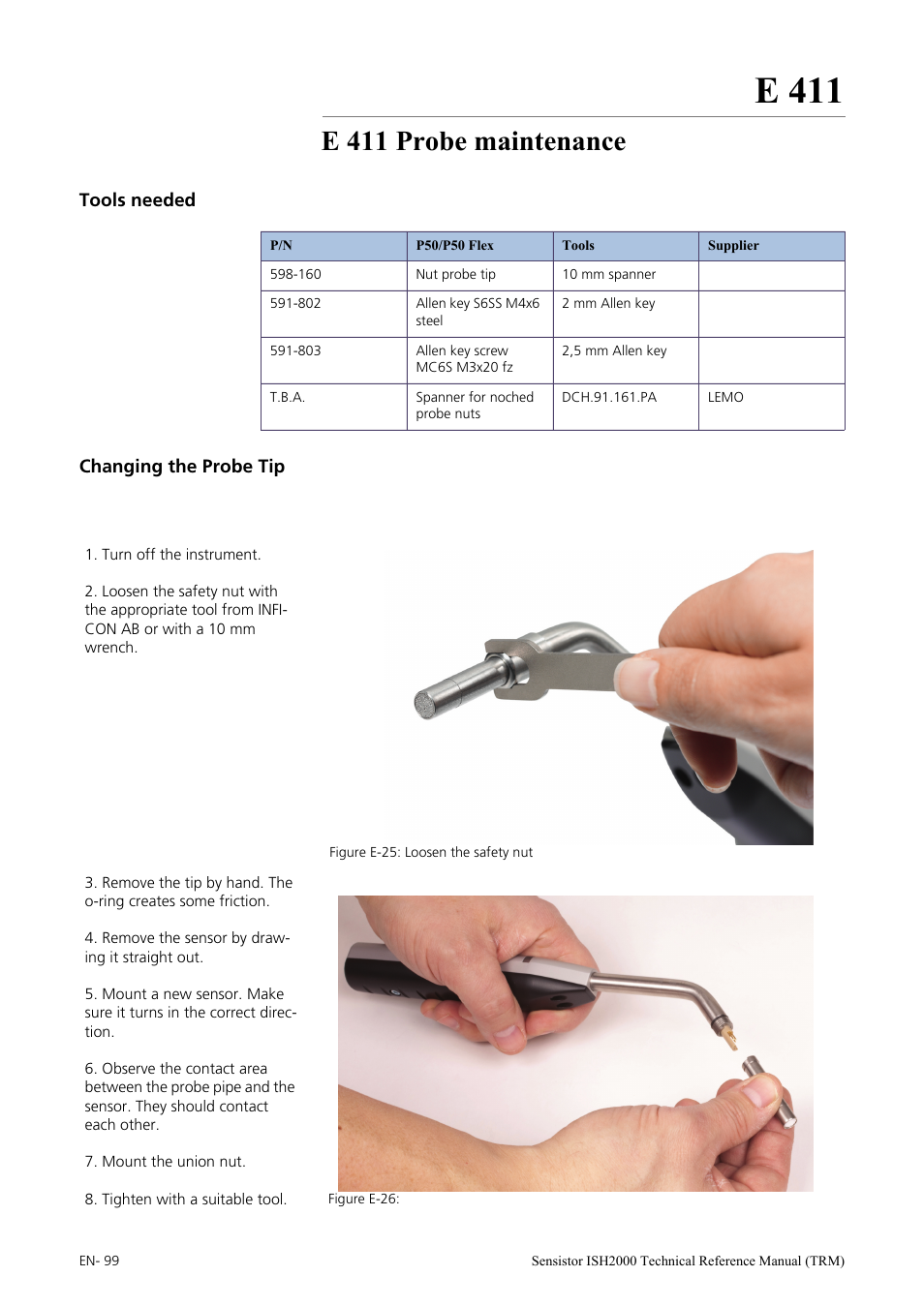 E 411 probe maintenance, Tools needed, Changing the probe tip | E 411 | INFICON Sensistor ISH2000 Hydrogen Leak Detector User Manual | Page 99 / 108