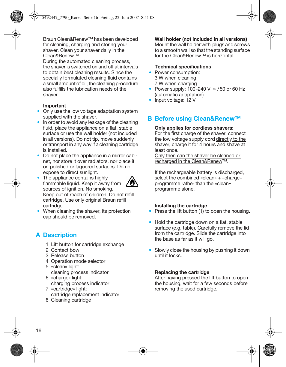 A description, B before using clean&renew | Braun 7785 User Manual | Page 16 / 18