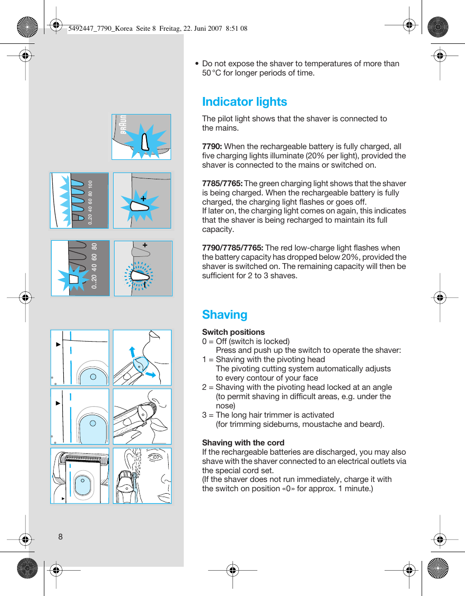 Indicator lights, Shaving | Braun 7785 User Manual | Page 8 / 18