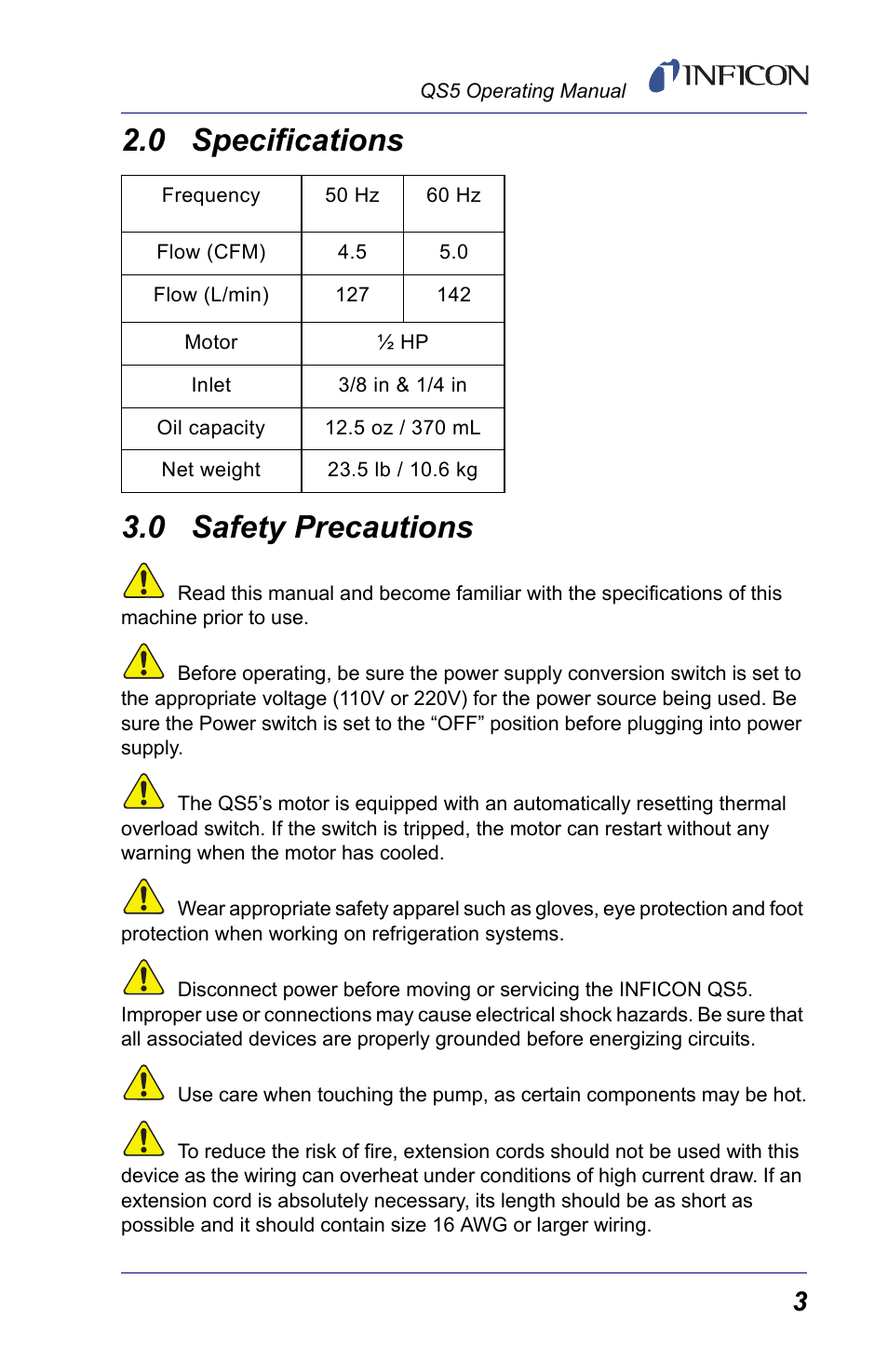 0 specifications, 0 safety precautions, Safety precaut | 0 specifications 3.0 safety precautions | INFICON QS5 User Manual | Page 5 / 12