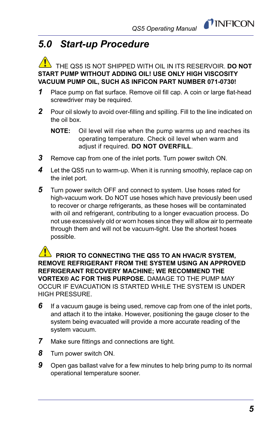 0 start-up procedure, Start-u | INFICON QS5 User Manual | Page 7 / 12