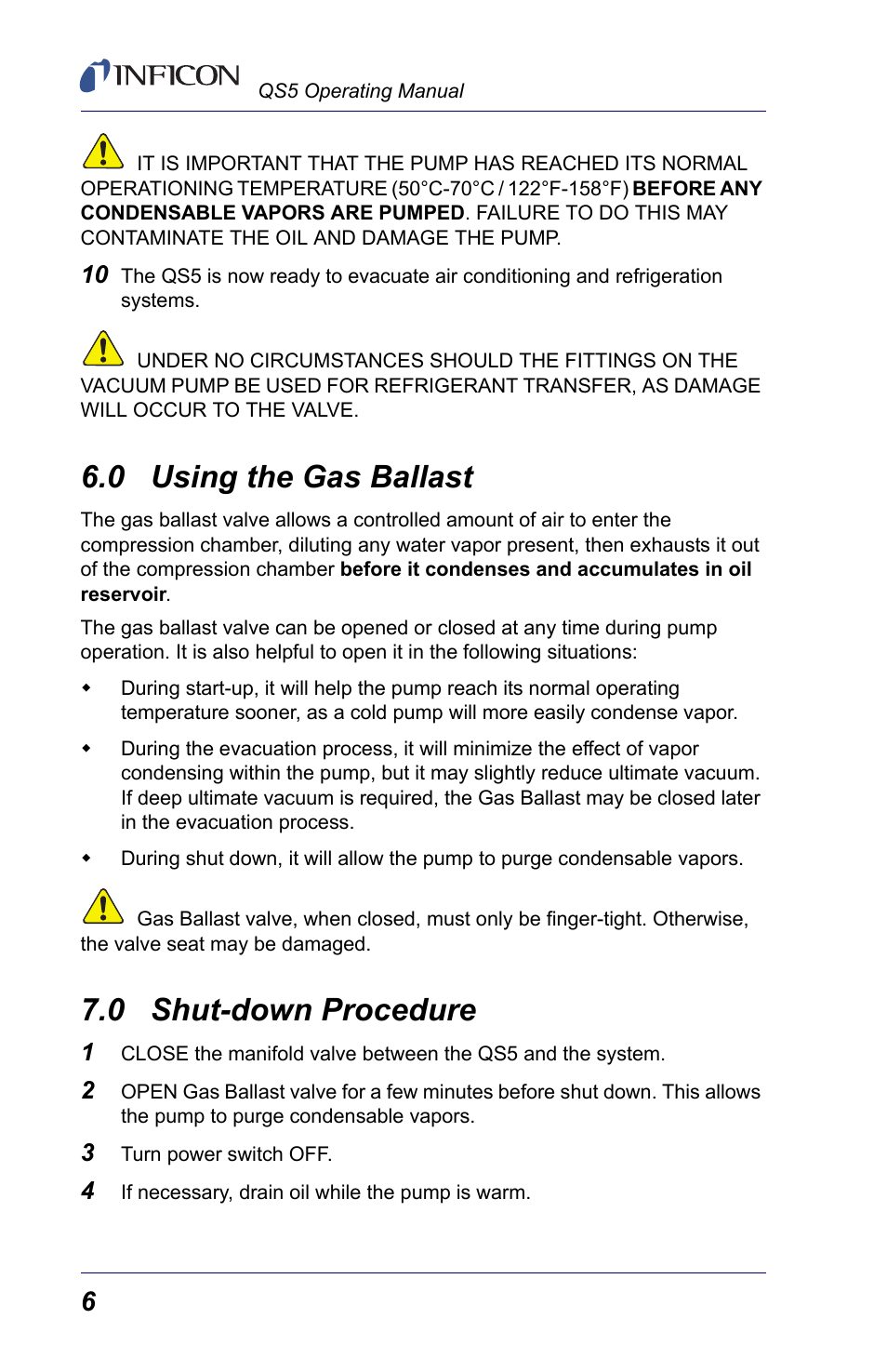 0 using the gas ballast, 0 shut-down procedure, Usin | INFICON QS5 User Manual | Page 8 / 12