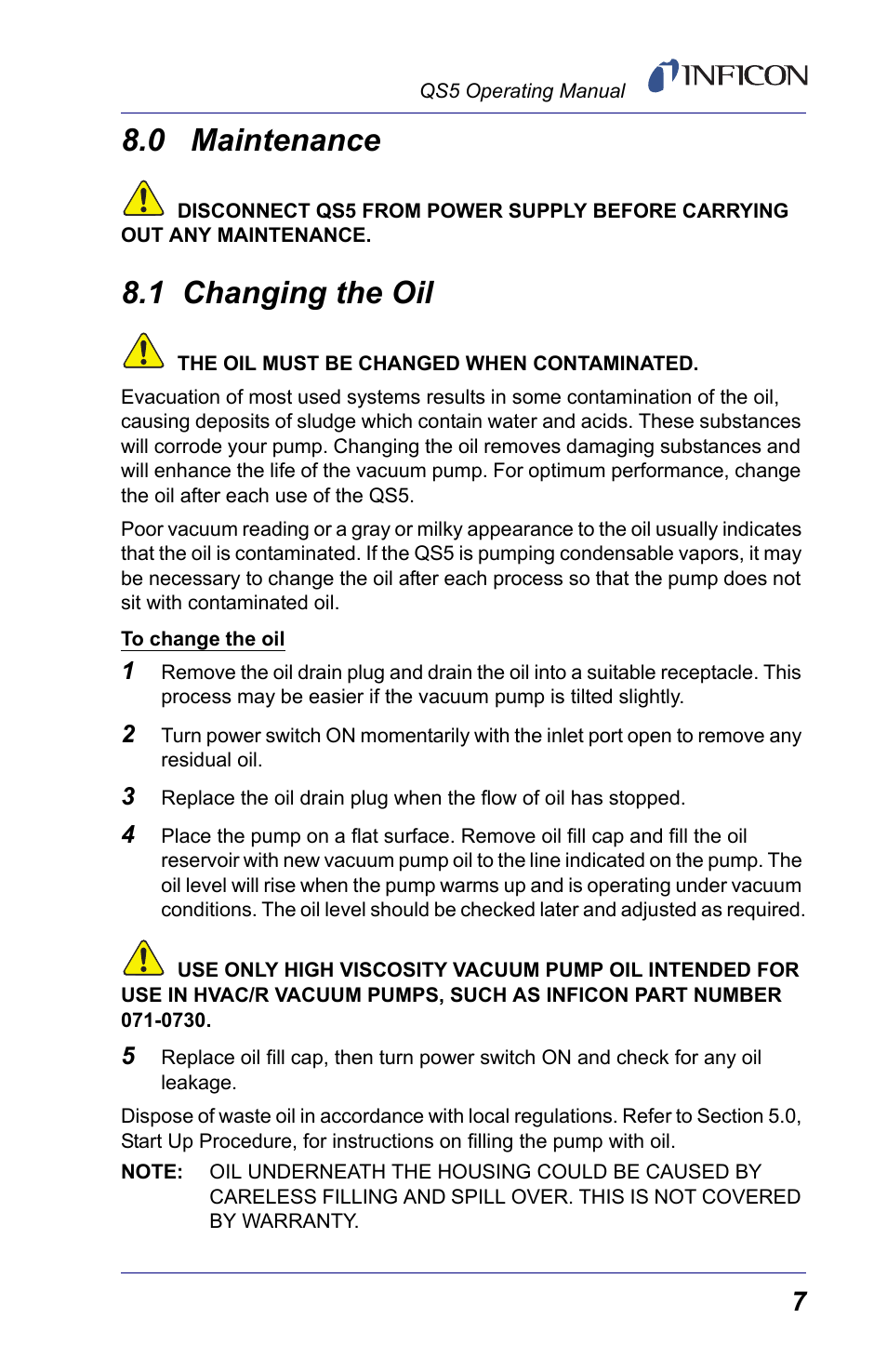 0 maintenance, 1 changing the oil, Main | INFICON QS5 User Manual | Page 9 / 12