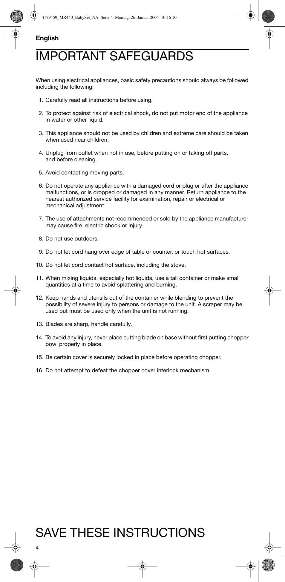 English, Important safeguards, Save these instructions | Braun MR 440 HC User Manual | Page 4 / 13