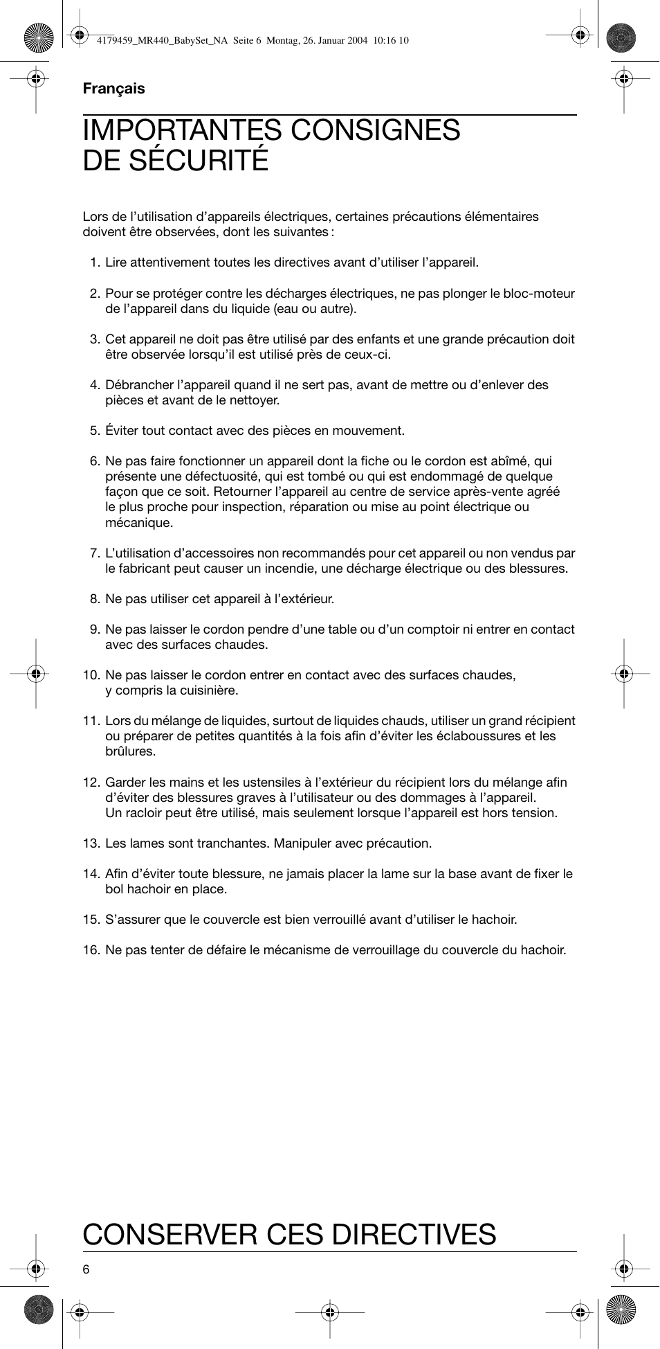 Français, Importantes consignes de sécurité, Conserver ces directives | Braun MR 440 HC User Manual | Page 6 / 13