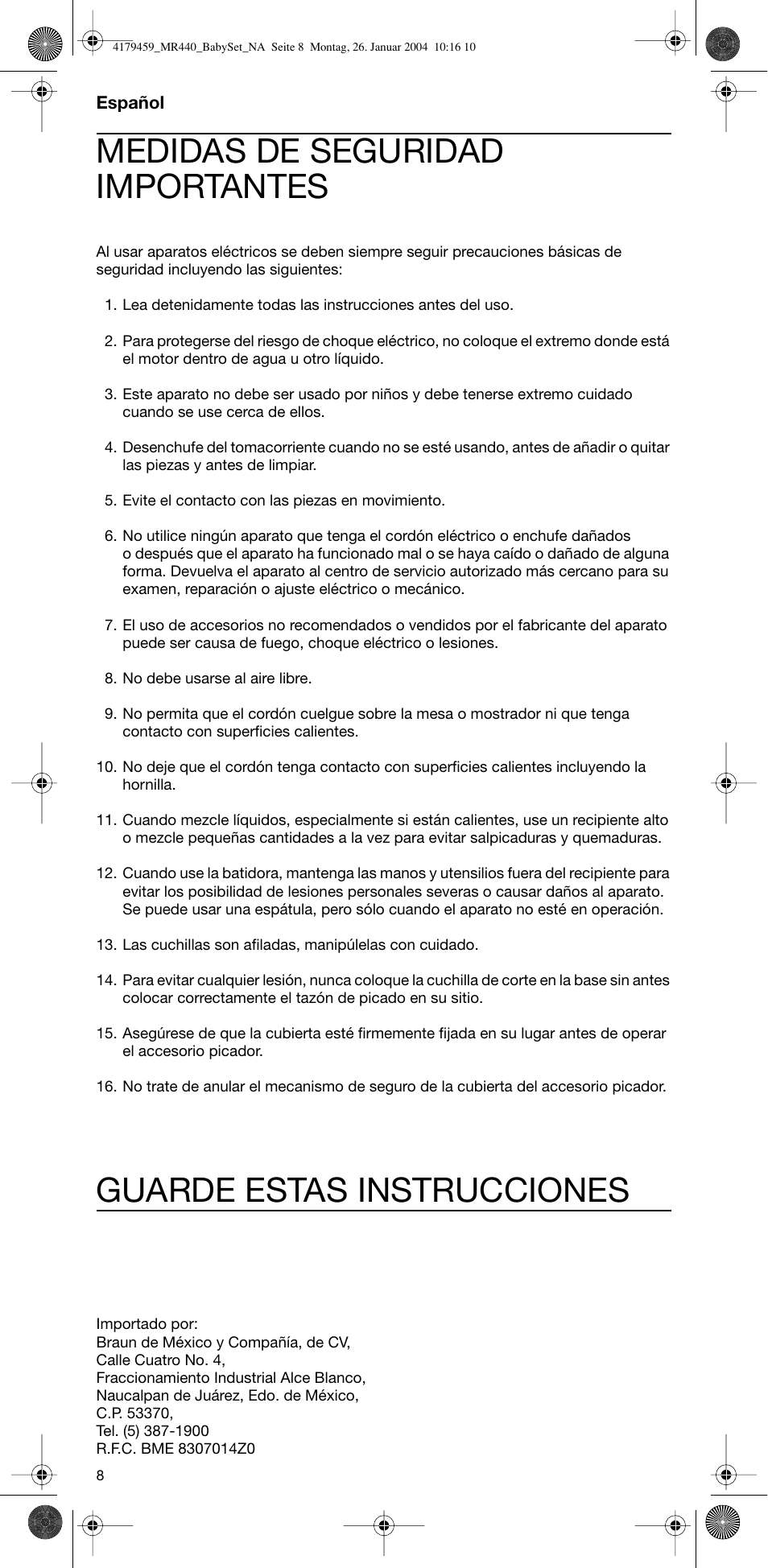 Español, Medidas de seguridad importantes, Guarde estas instrucciones | Braun MR 440 HC User Manual | Page 8 / 13