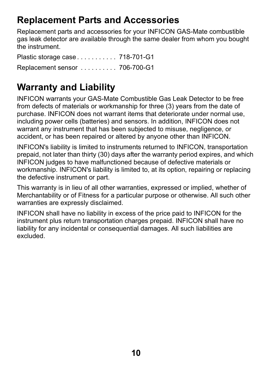 Replacement parts and accessories, Warranty and liability | INFICON GAS-Mate Combustible Gas Leak Detector User Manual | Page 10 / 12