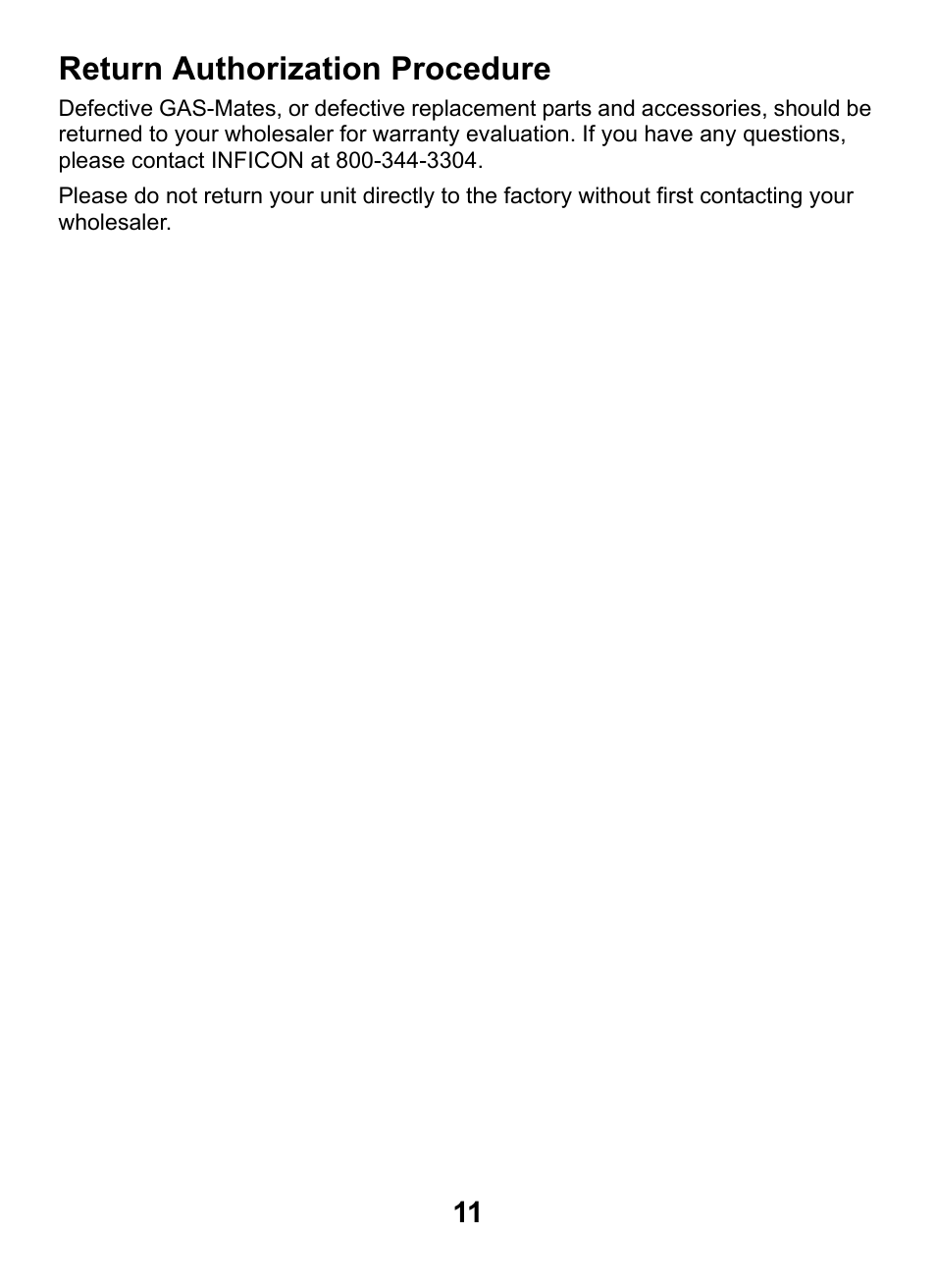 Return authorization procedure | INFICON GAS-Mate Combustible Gas Leak Detector User Manual | Page 11 / 12