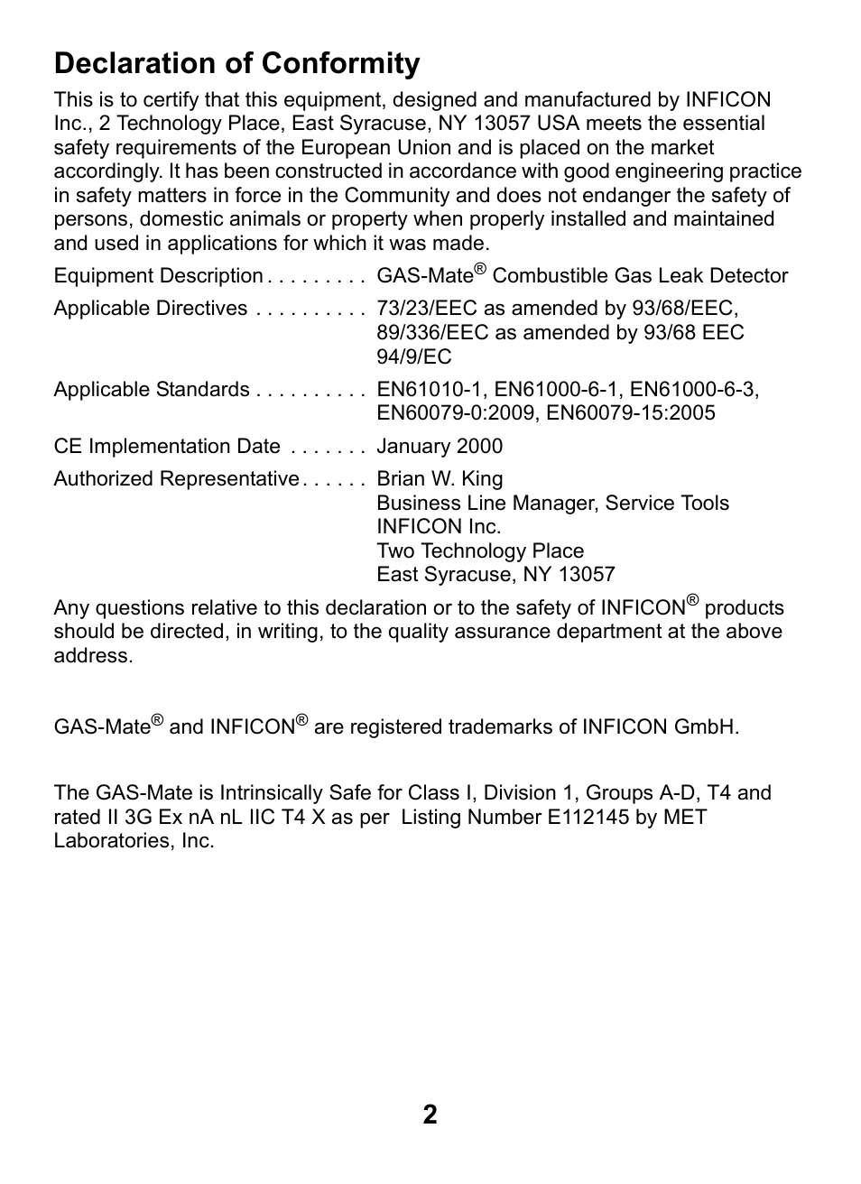 Declaration of conformity | INFICON GAS-Mate Combustible Gas Leak Detector User Manual | Page 2 / 12