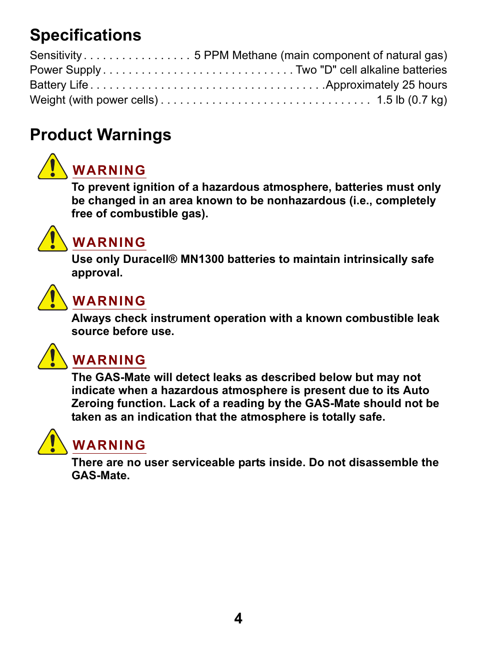 Specifications, Product warnings | INFICON GAS-Mate Combustible Gas Leak Detector User Manual | Page 4 / 12