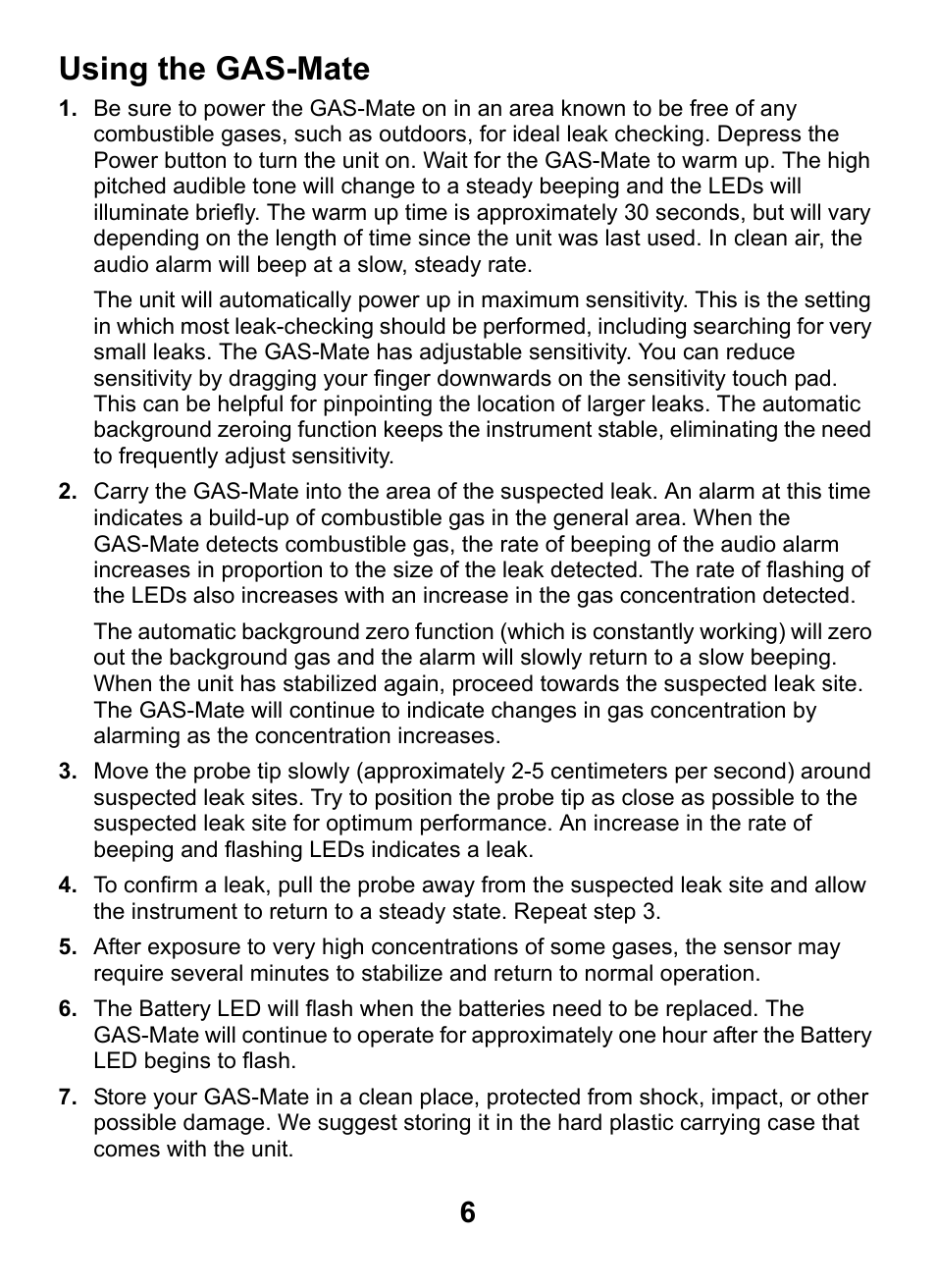Using the gas-mate | INFICON GAS-Mate Combustible Gas Leak Detector User Manual | Page 6 / 12