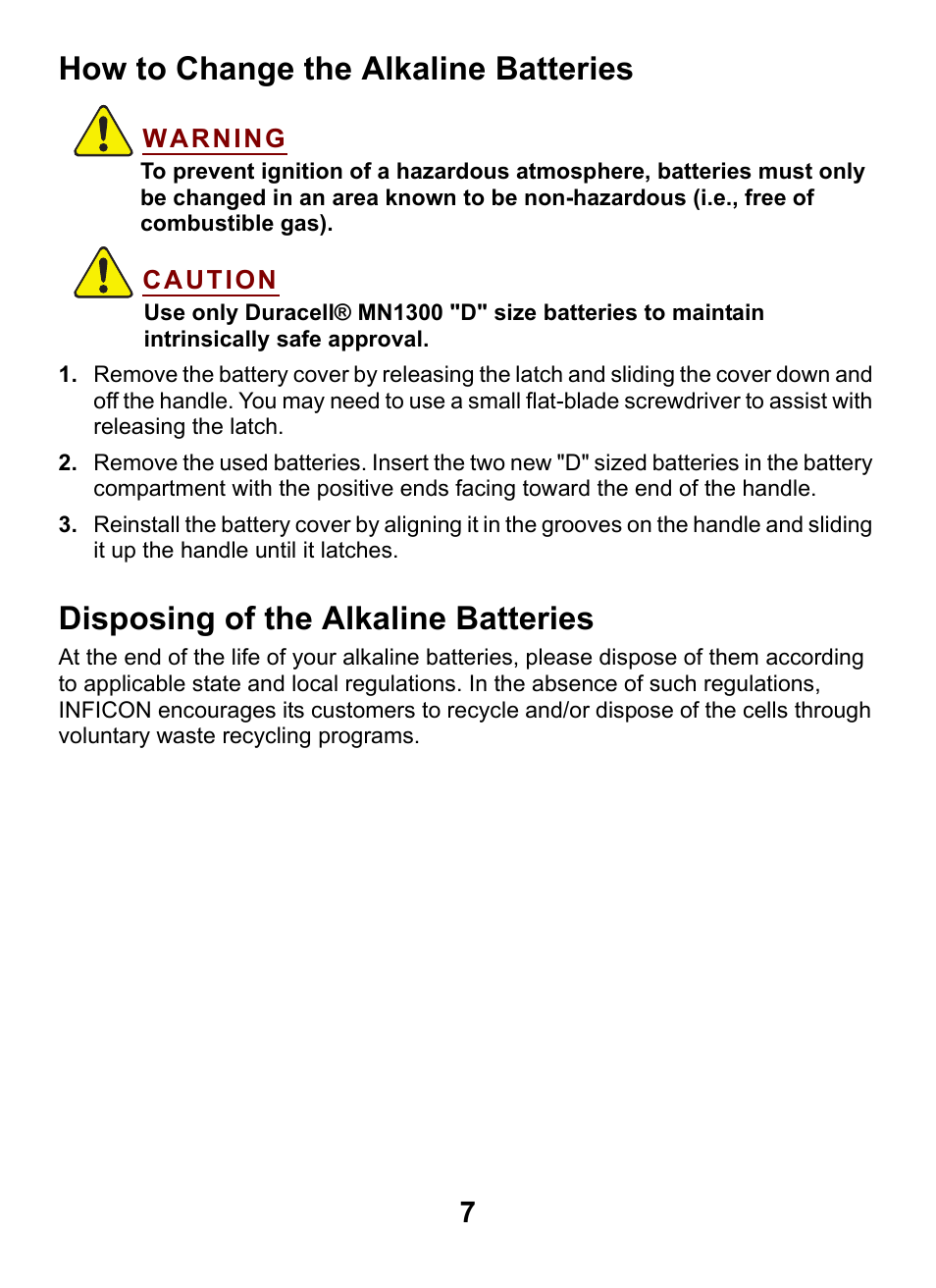 How to change the alkaline batteries, Disposing of the alkaline batteries | INFICON GAS-Mate Combustible Gas Leak Detector User Manual | Page 7 / 12