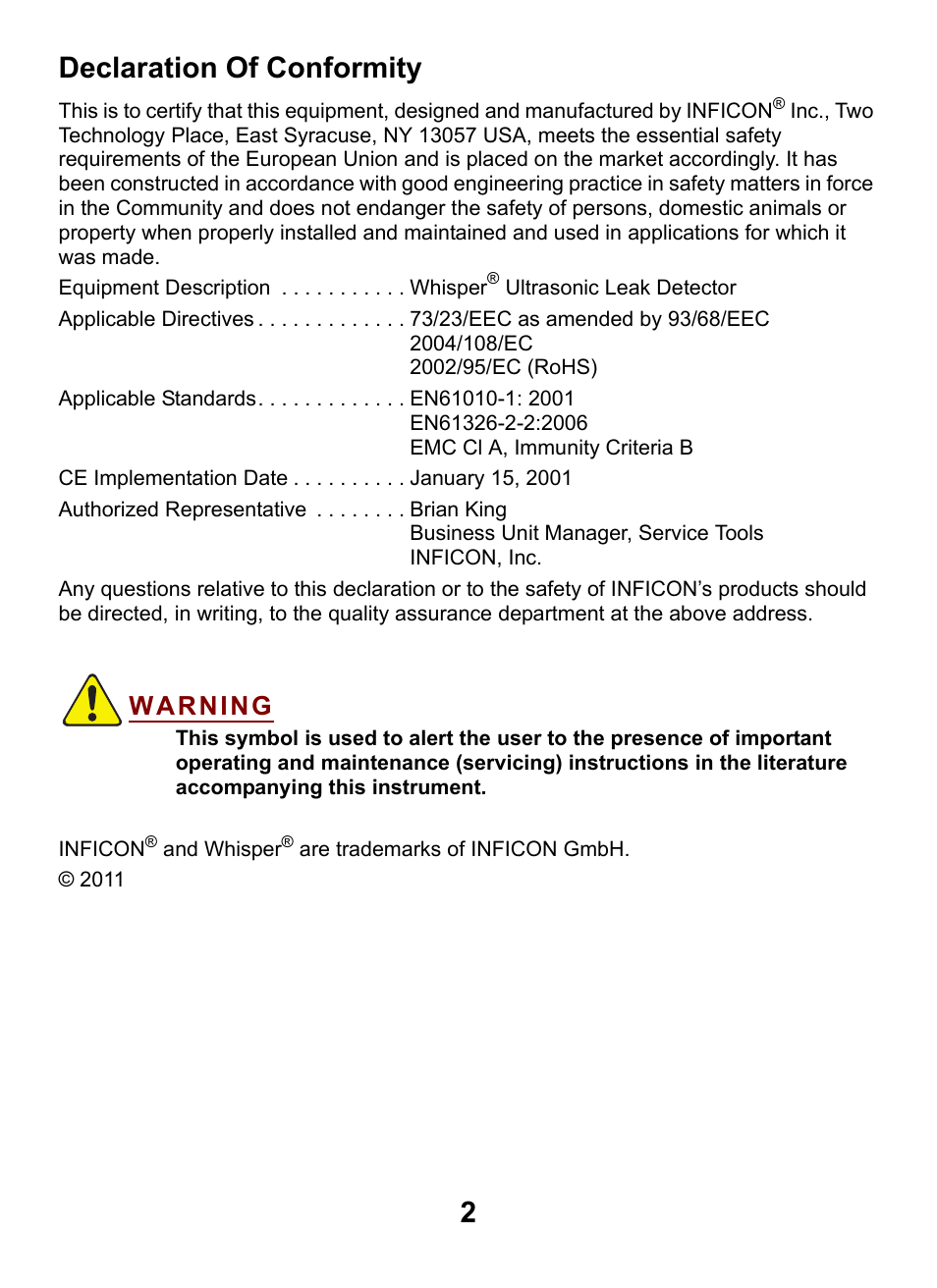 Declaration of conformity, 2declaration of conformity, Warning | INFICON Whisper Ultrasonic Leak Detector User Manual | Page 2 / 8