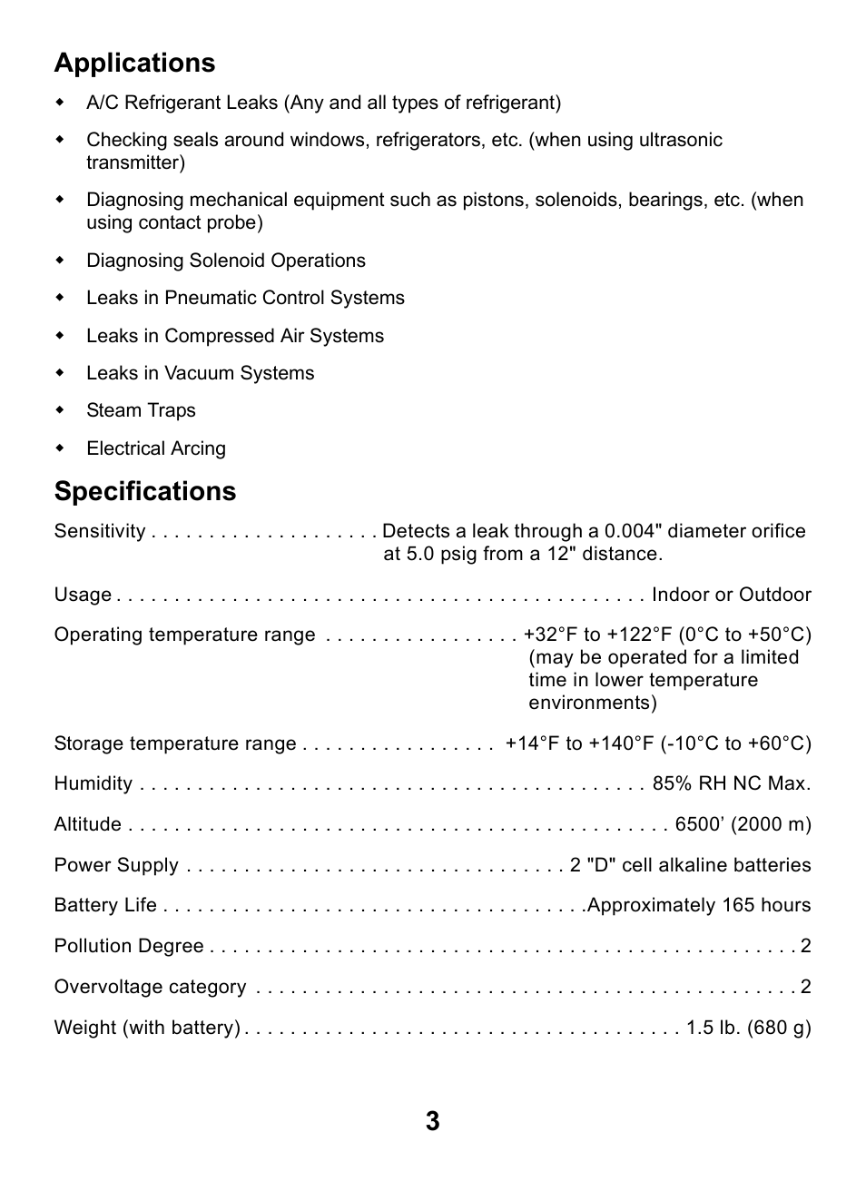 Applications, Specifications, 3applications | INFICON Whisper Ultrasonic Leak Detector User Manual | Page 3 / 8