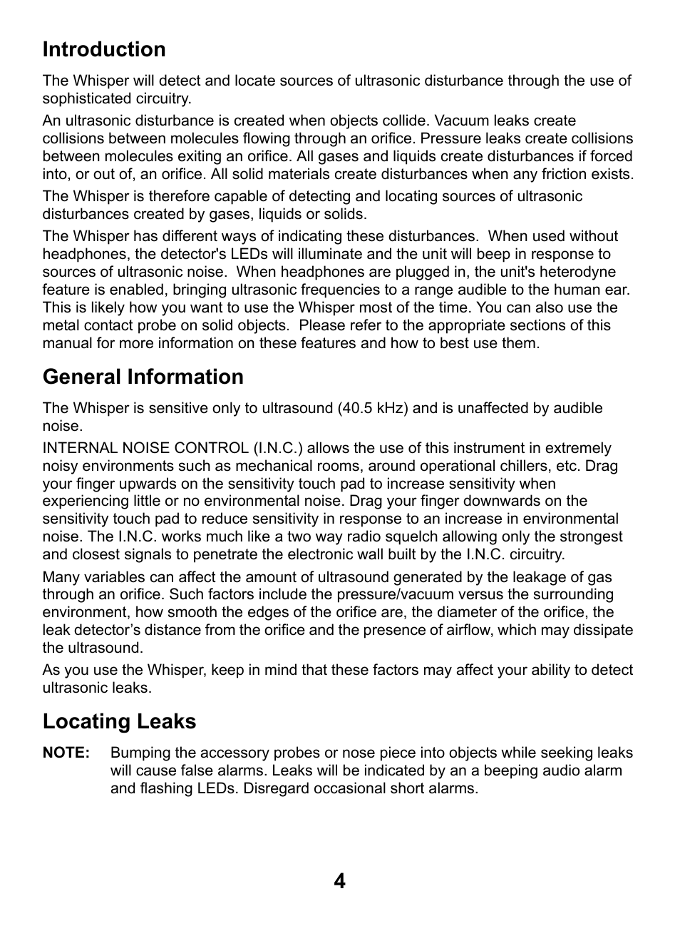 Introduction, General information, Locating leaks | 4introduction | INFICON Whisper Ultrasonic Leak Detector User Manual | Page 4 / 8