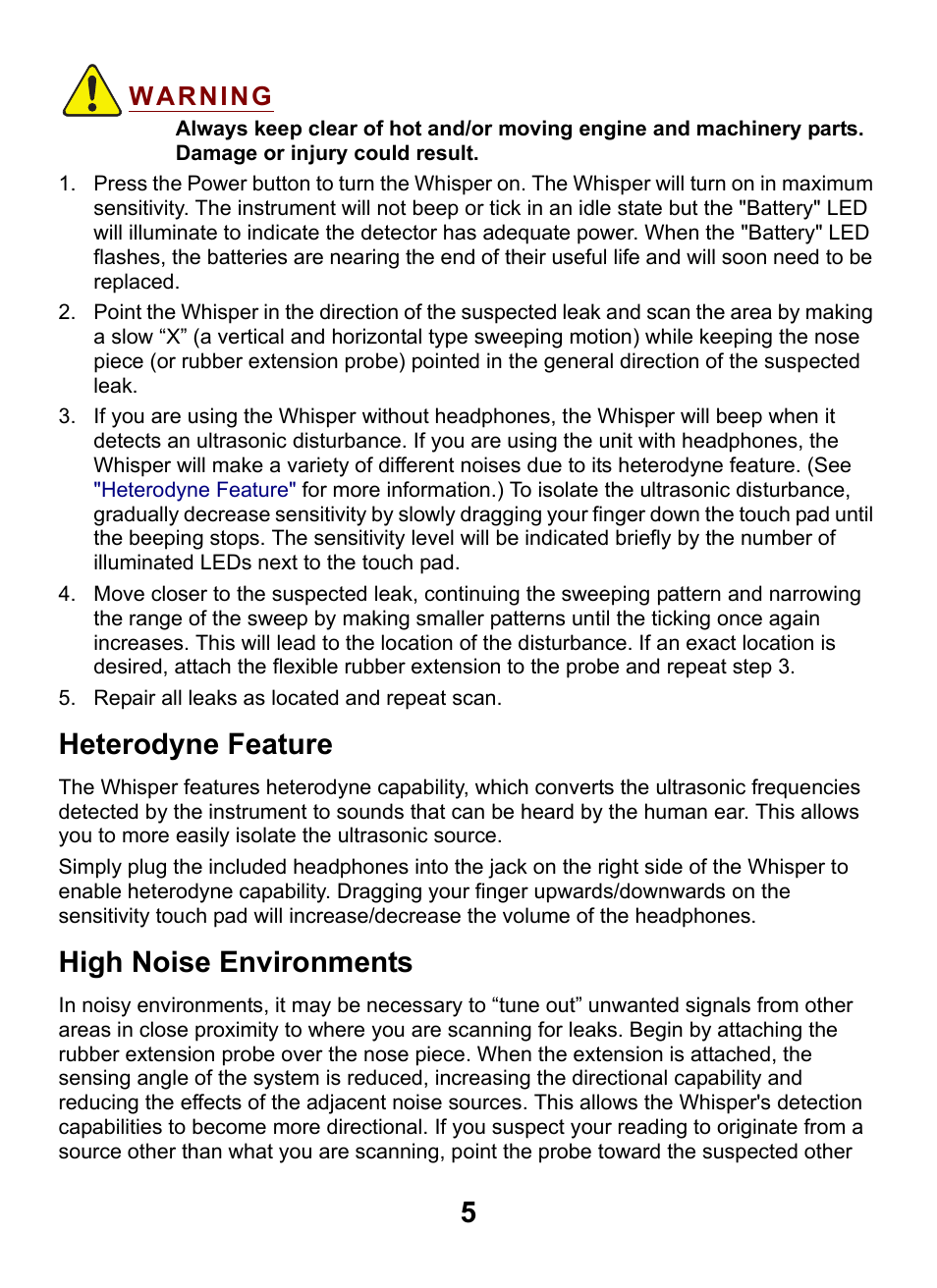 Heterodyne feature, High noise environments | INFICON Whisper Ultrasonic Leak Detector User Manual | Page 5 / 8