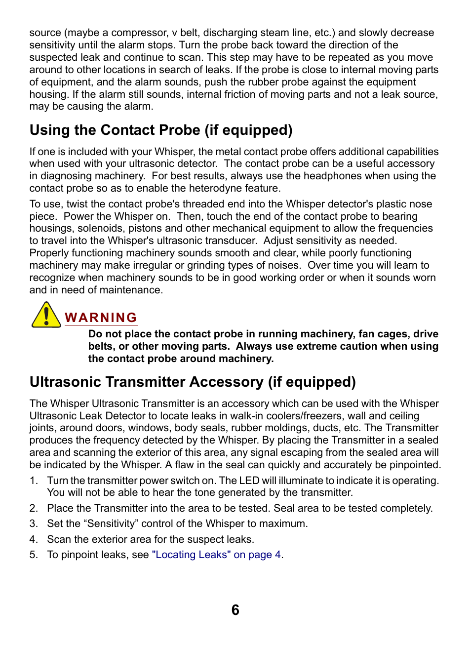 Using the contact probe (if equipped), Ultrasonic transmitter accessory (if equipped) | INFICON Whisper Ultrasonic Leak Detector User Manual | Page 6 / 8