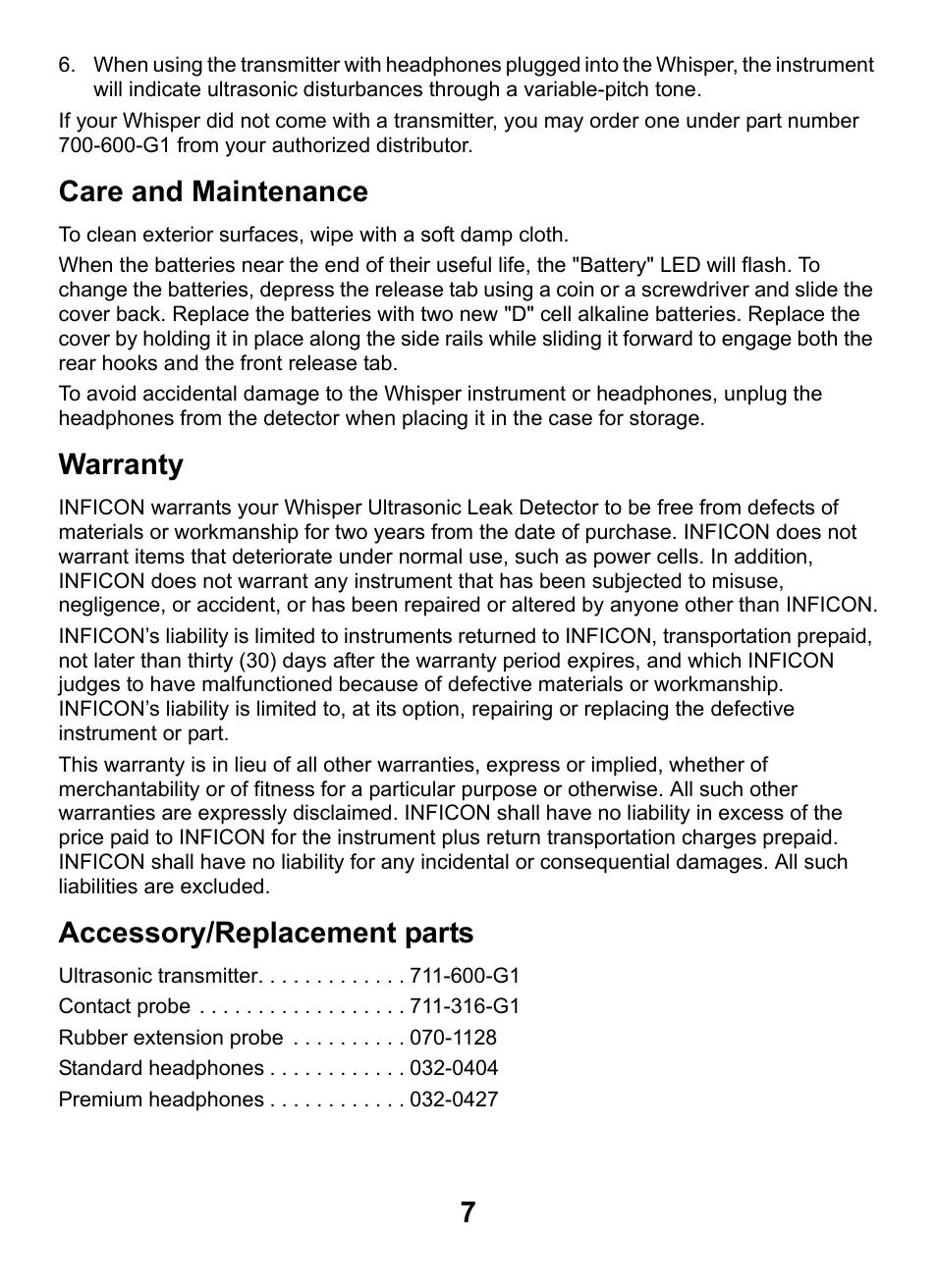 Care and maintenance, Warranty, Accessory/replacement parts | INFICON Whisper Ultrasonic Leak Detector User Manual | Page 7 / 8