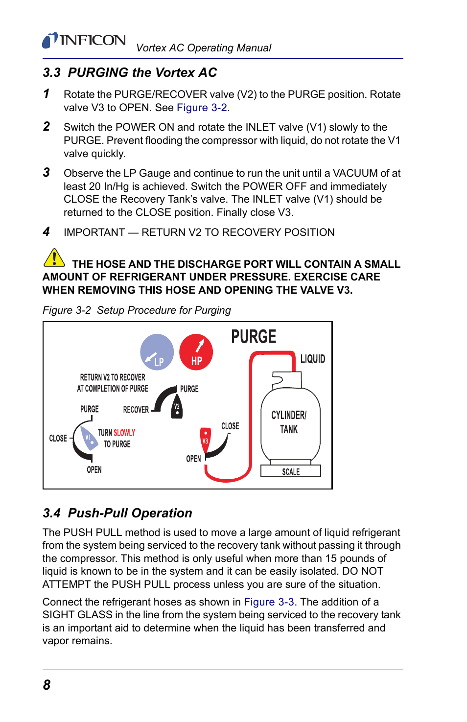 3 purging the vortex ac, 4 push-pull operation | INFICON Vortex AC Refrigerant Recovery Machine 115V User Manual | Page 10 / 20