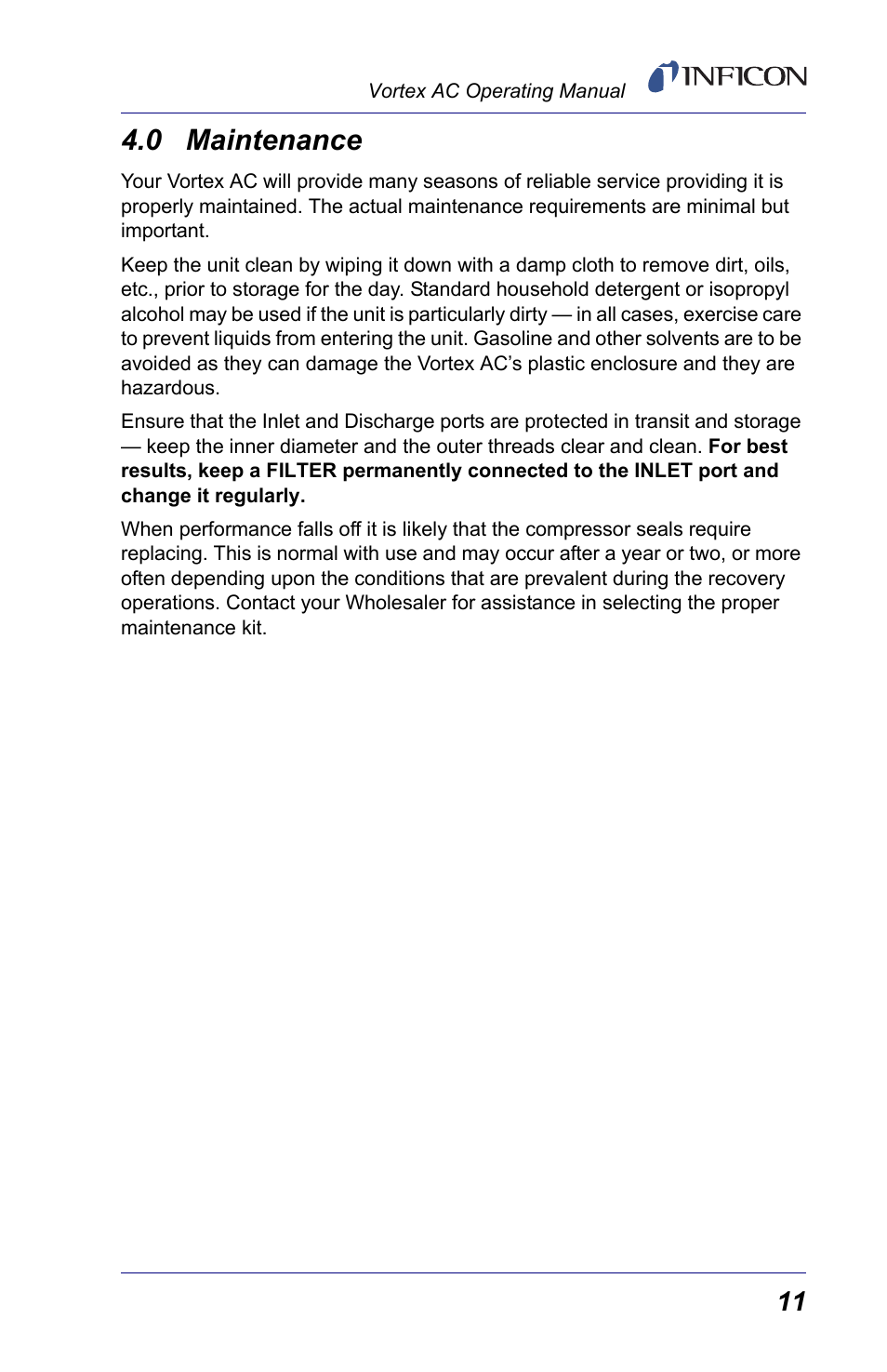 0 maintenance, Main | INFICON Vortex AC Refrigerant Recovery Machine 115V User Manual | Page 13 / 20