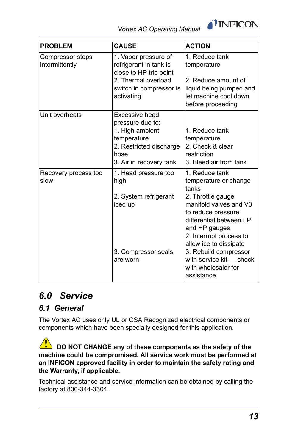 0 service, 1 general, Servi | INFICON Vortex AC Refrigerant Recovery Machine 115V User Manual | Page 15 / 20