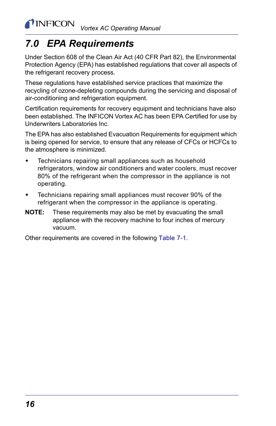 0 epa requirements | INFICON Vortex AC Refrigerant Recovery Machine 115V User Manual | Page 18 / 20